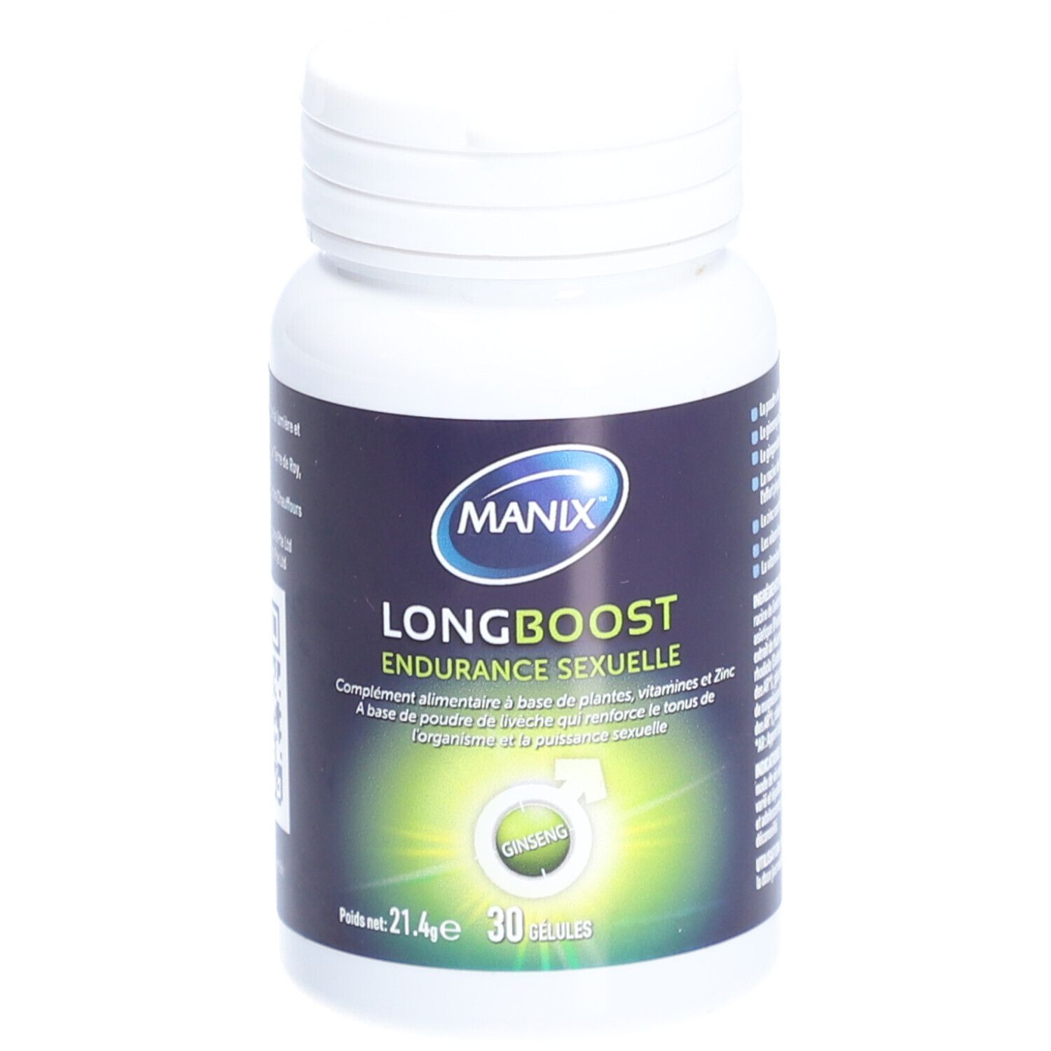 Flacon blanc MANIX LONG BOOST. Contient 30 gélules. Inscription "Endurance sexuelle". Ingrédients à base de plantes.