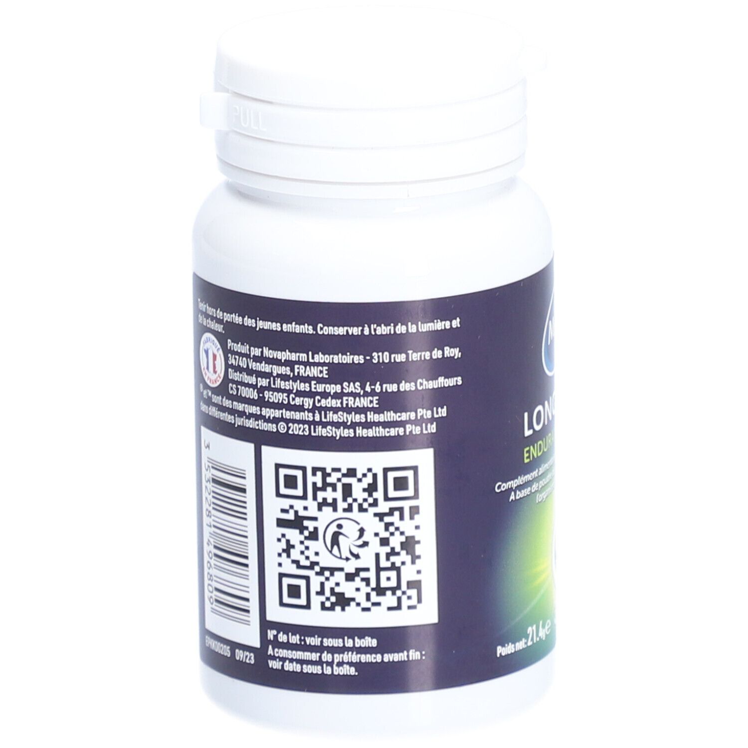 Dos du flacon blanc. Informations fabricant, ingrédients et QR code. Texte en français.