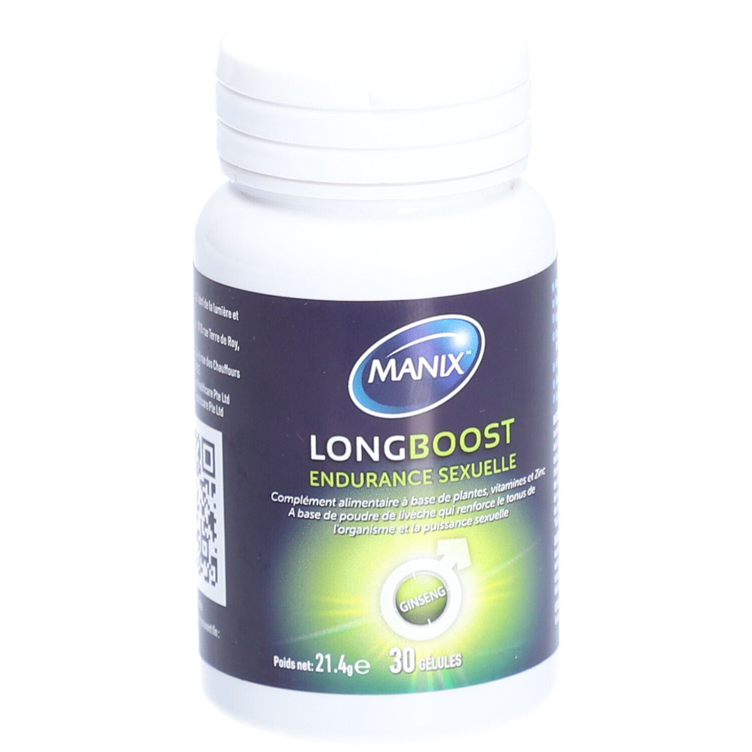 Flacon blanc MANIX LONG BOOST. Contient 30 gélules. Inscription "Endurance sexuelle". Ingrédients à base de plantes.