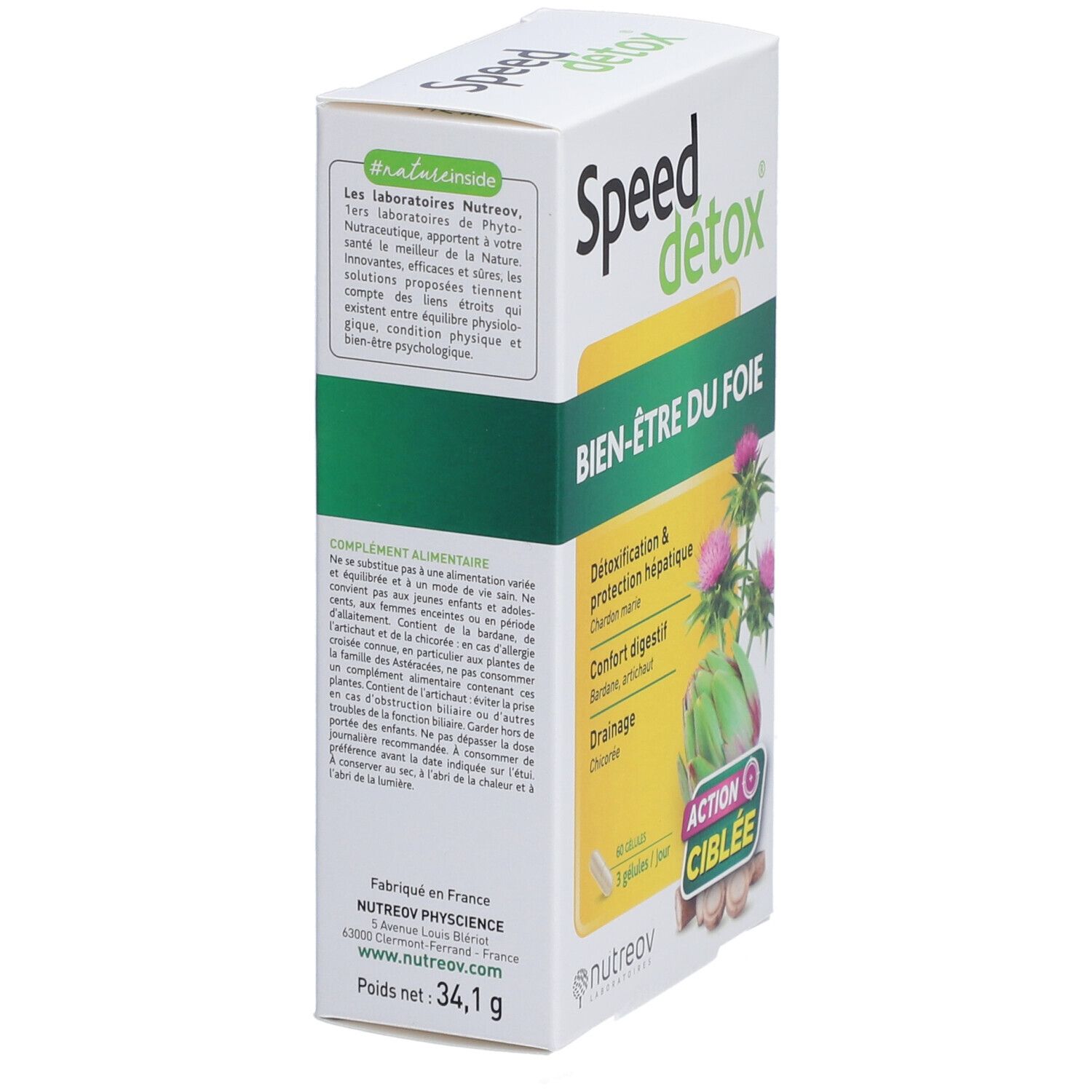 Boîte Speed Detox, Bien-être du foie. Ingrédients et informations nutritionnelles. Design vert et jaune. Poids net: 34,1 g.