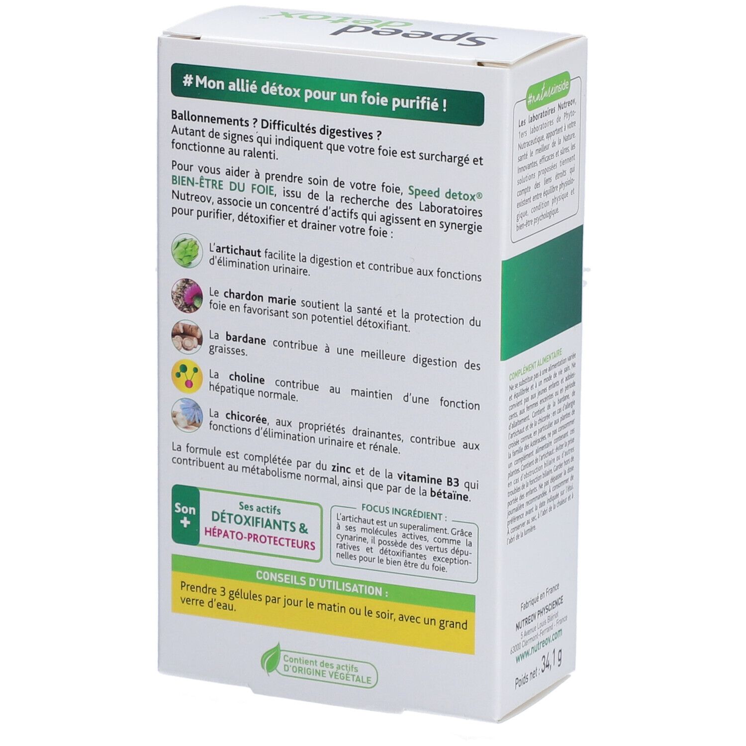 Dos de la boîte Speed Detox. Texte: #Mon allié détox pour un foie purifié! Ingrédients et conseils d'utilisation.
