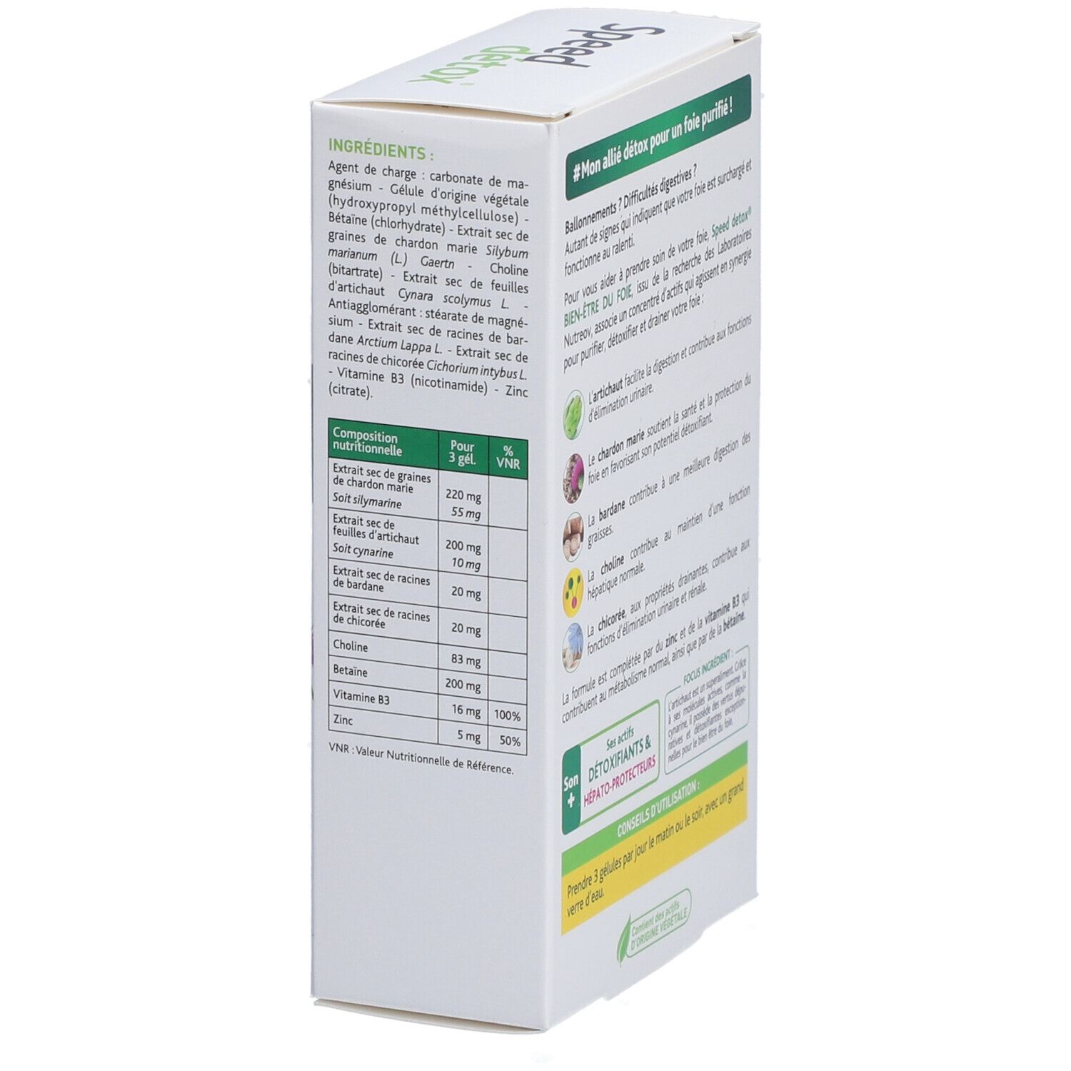 Côté de la boîte Speed Detox. Liste des ingrédients et tableau nutritionnel. Texte: Ingrédients, Valeurs nutritionnelles.