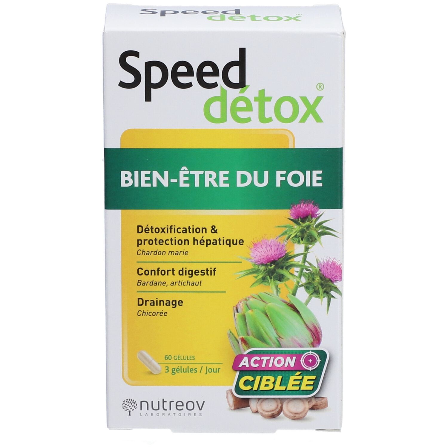 Boîte Speed Detox, Bien-être du foie. 60 gélules, 3 gélules/jour. Illustration: artichaut et chardon-marie.