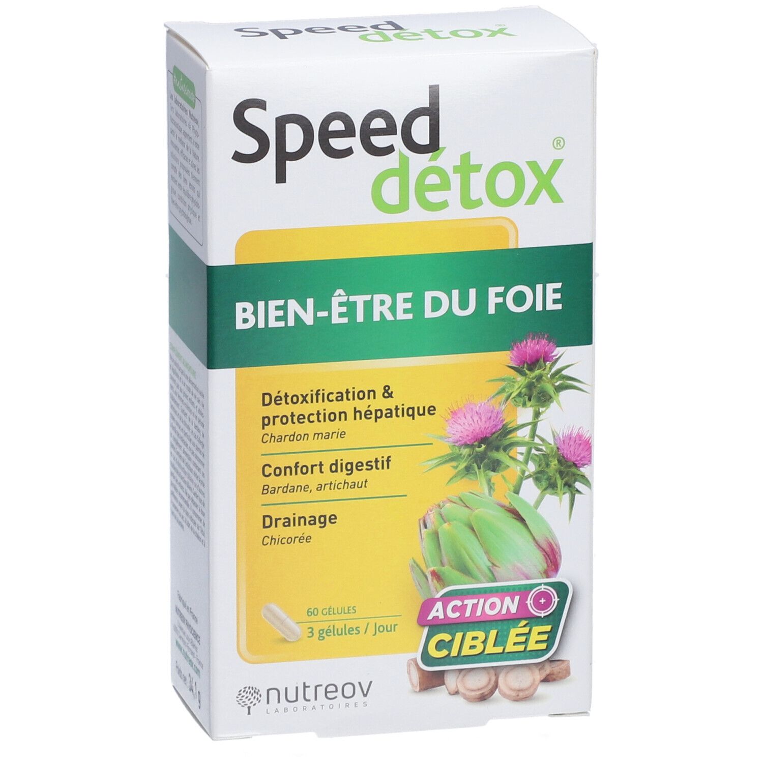 Boîte Speed Detox, Bien-être du foie. 60 gélules, 3 gélules/jour. Illustration: artichaut et chardon-marie.