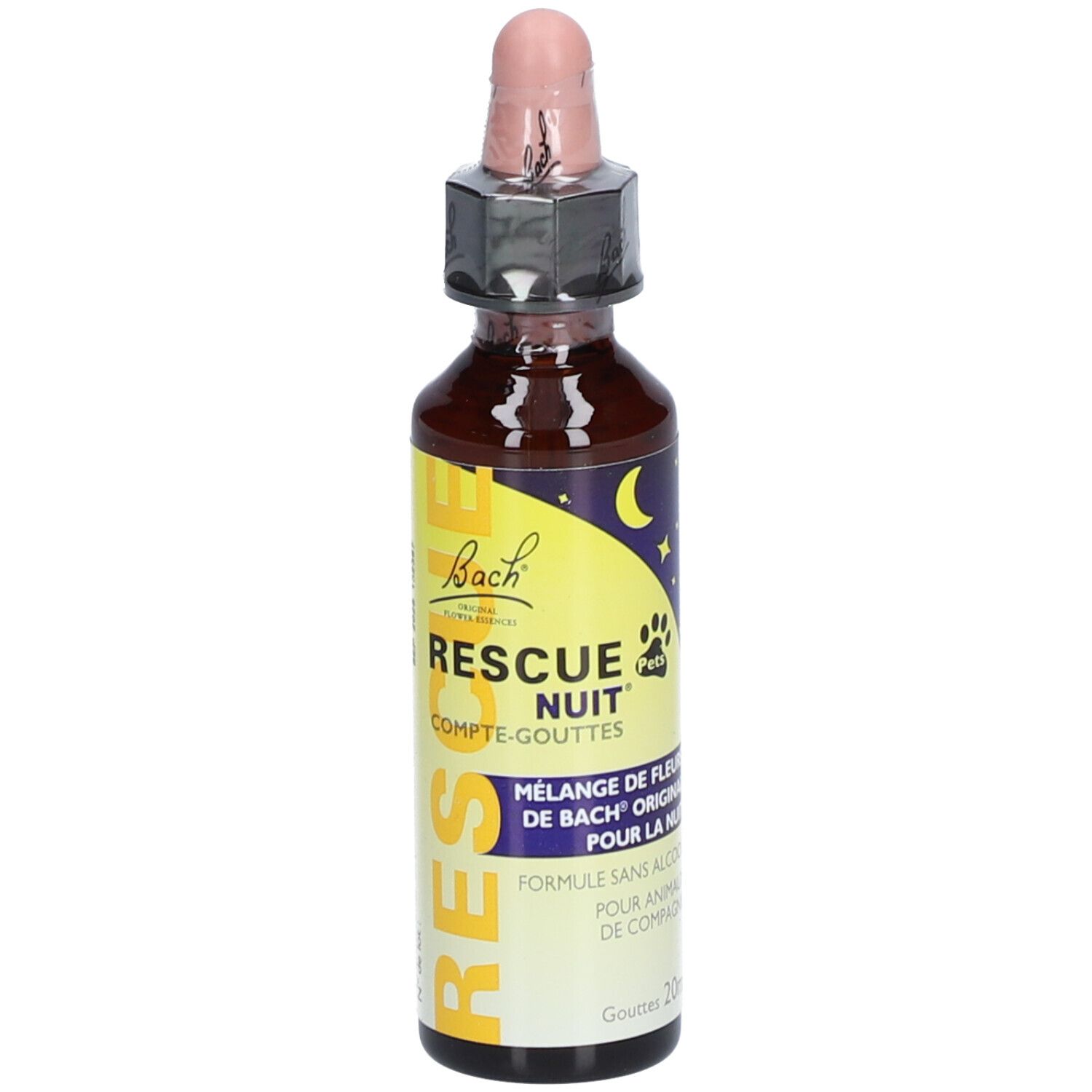 Braune Glasflasche mit rosa Pipette. Aufschrift: RESCUE Nuit® Pets. Mischung aus Bachblüten für Tiere.