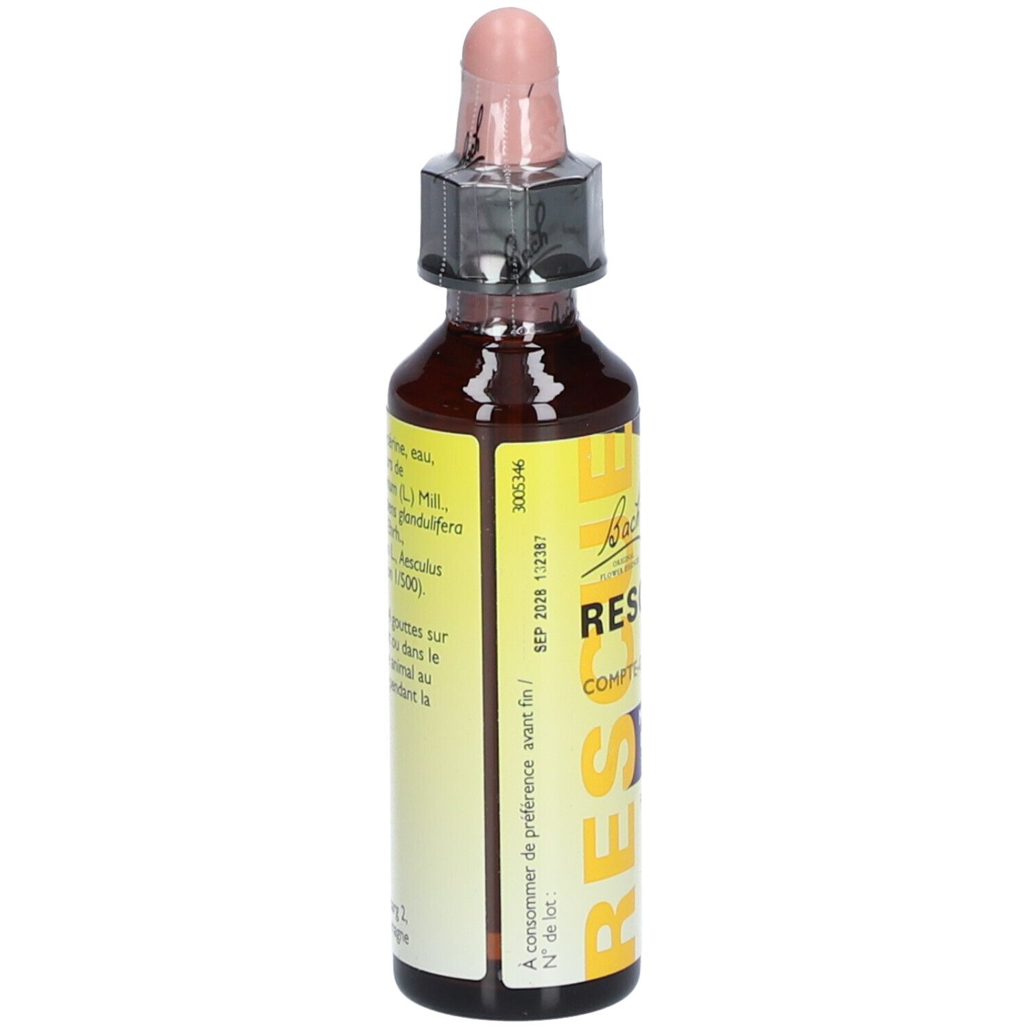 Braune Glasflasche mit rosa Pipette. Aufschrift: RESCUE Nuit® Pets. Mischung aus Bachblüten für Tiere. Rückseite mit Inhaltsstoffen.