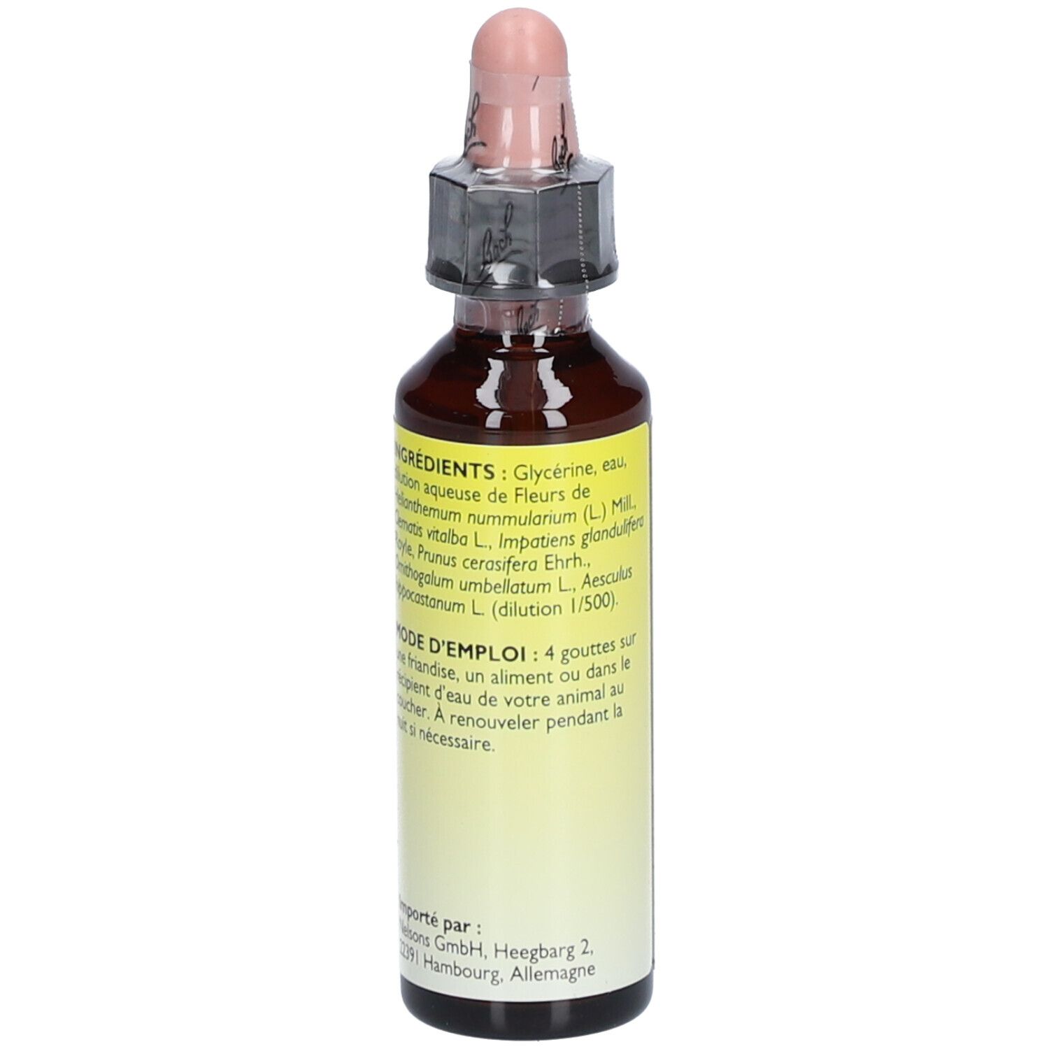 Braune Glasflasche mit rosa Pipette. Rückseite mit Inhaltsstoffen: Glycerin, Blütenextrakte. Importiert von Nelsons.