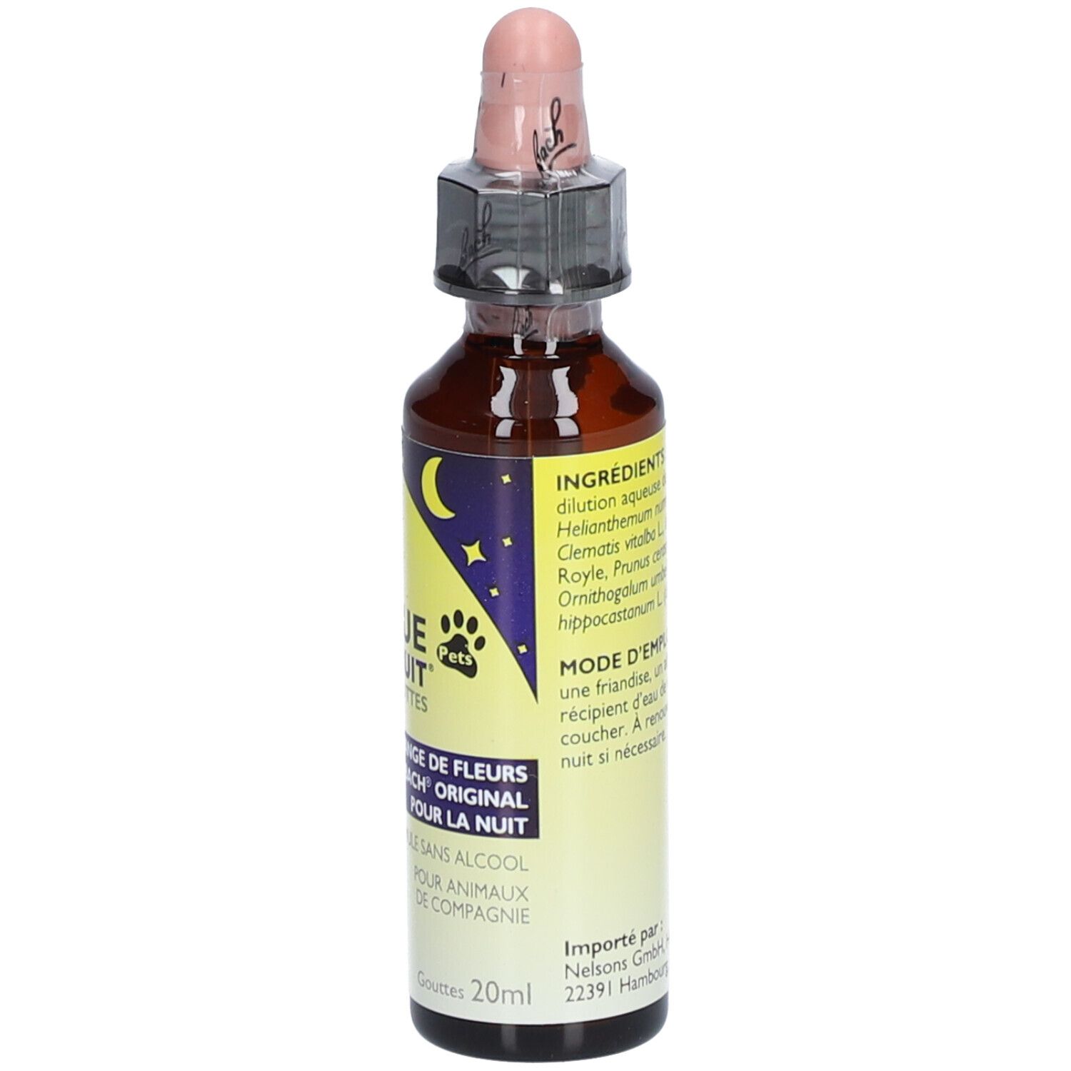 Braune Glasflasche mit rosa Pipette. Aufschrift: RESCUE Nuit® Pets. Mischung aus Bachblüten. Gebrauchsanweisung.