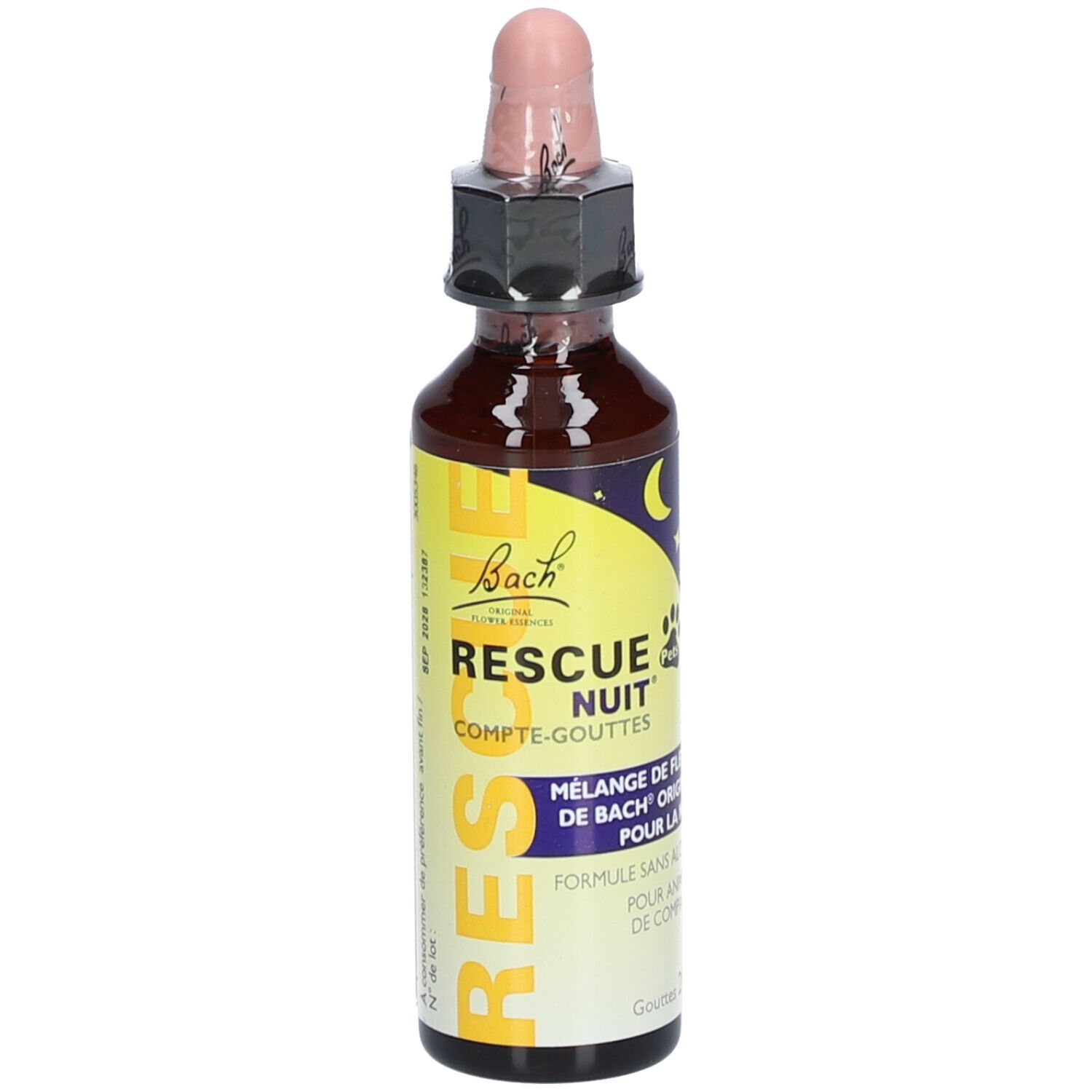 Braune Glasflasche mit rosa Pipette. Aufschrift: RESCUE Nuit® Pets. Mischung aus Bachblüten für Tiere. 20ml.
