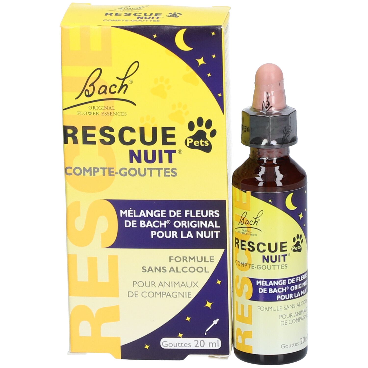 Produkt RESCUE Nuit® Pets mit Verpackung. Flasche und Schachtel. Aufschrift: Mischung aus Bachblüten für Tiere. 20ml.
