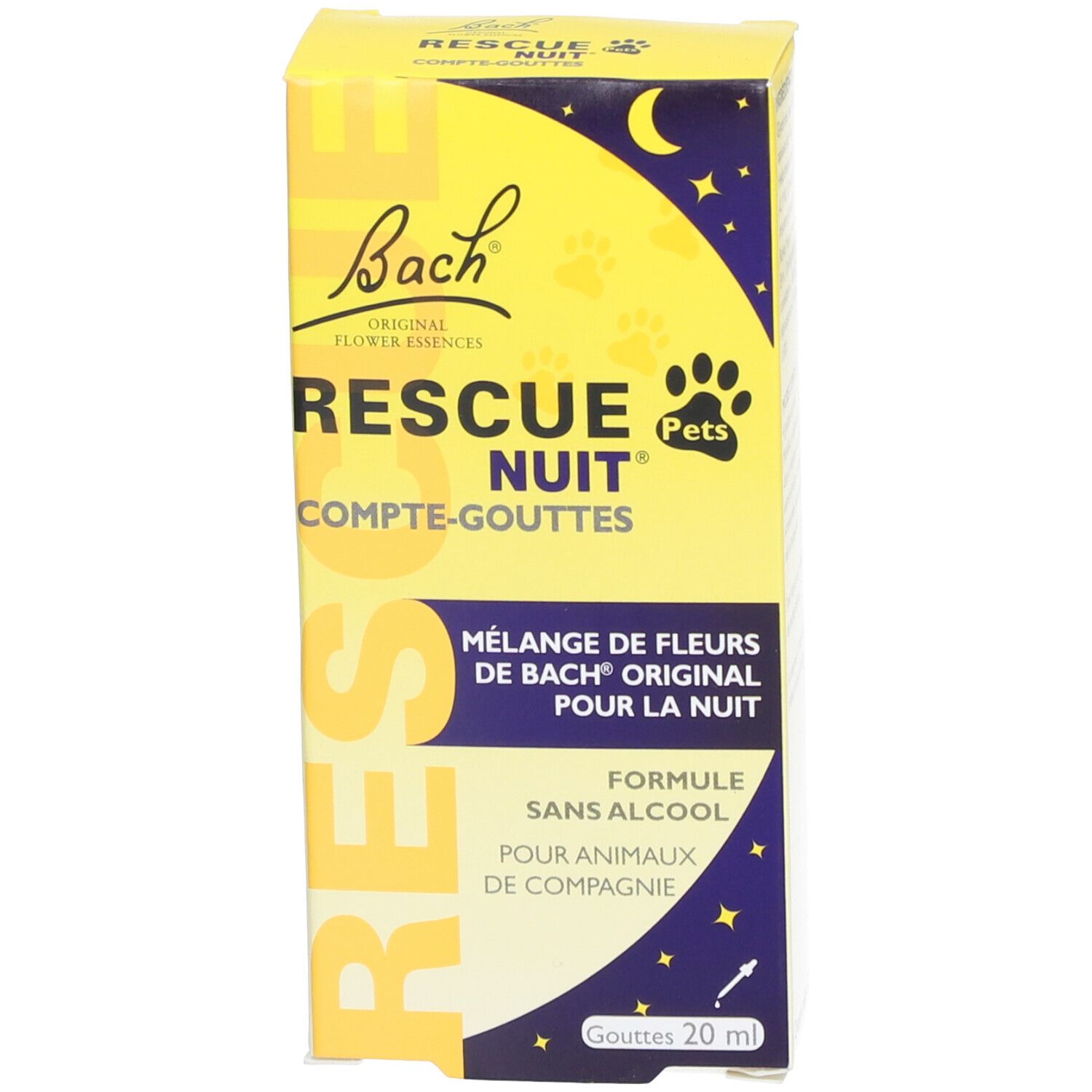 Verpackung von RESCUE Nuit® Pets. Aufschrift: Mischung aus Bachblüten für Tiere. 20ml. Mit Mond und Sternen.