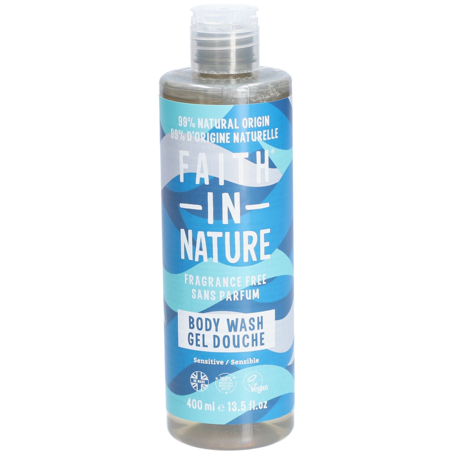 Faith In Nature douchegel. Fles met blauw etiket, transparante vloeistof. Bevat 400 ml.