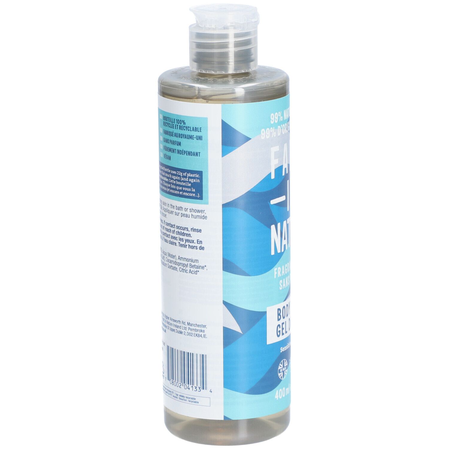 Faith In Nature douchegel. Achterkant fles met tekst. 400 ml. Vegan zegel.