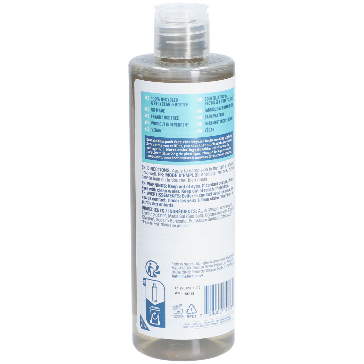 Achterkant Faith In Nature fles. Tekst, ingrediënten, waarschuwingen. Vegan zegel. 400 ml.