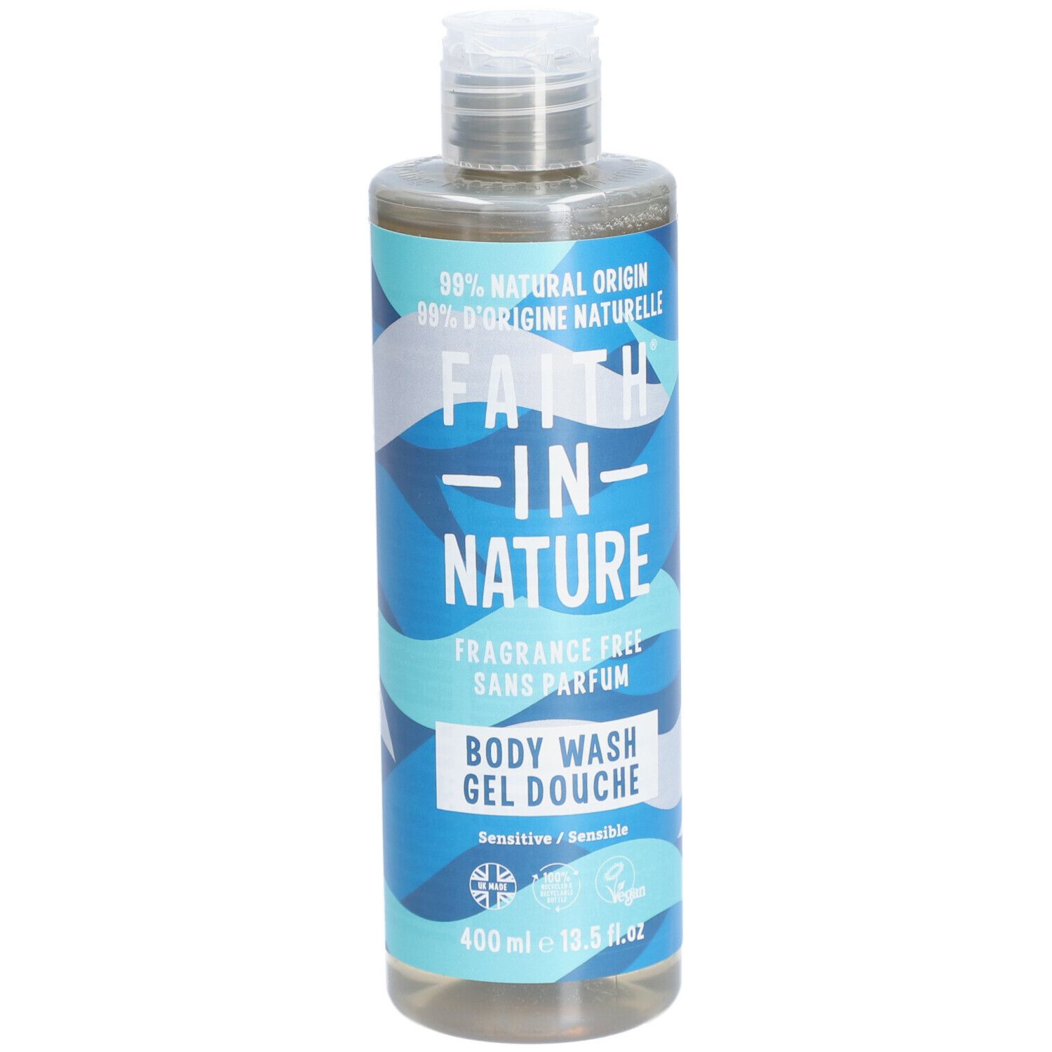Faith In Nature douchegel. Fles met blauw etiket, transparante vloeistof. 400 ml.
