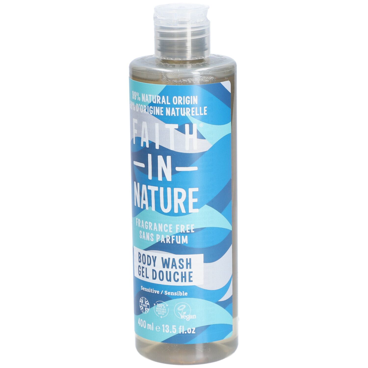 Faith In Nature douchegel. Fles met blauw etiket, transparante vloeistof. 400 ml.
