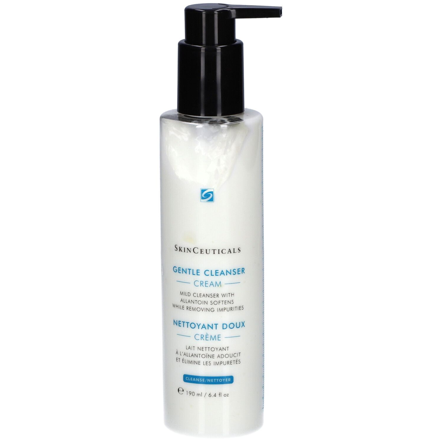 Huidreiniger crème met zwarte pomp. Tekst: SkinCeuticals, Gentle Cleanser, Nettoyant Doux. Inhoud: 190 ml.