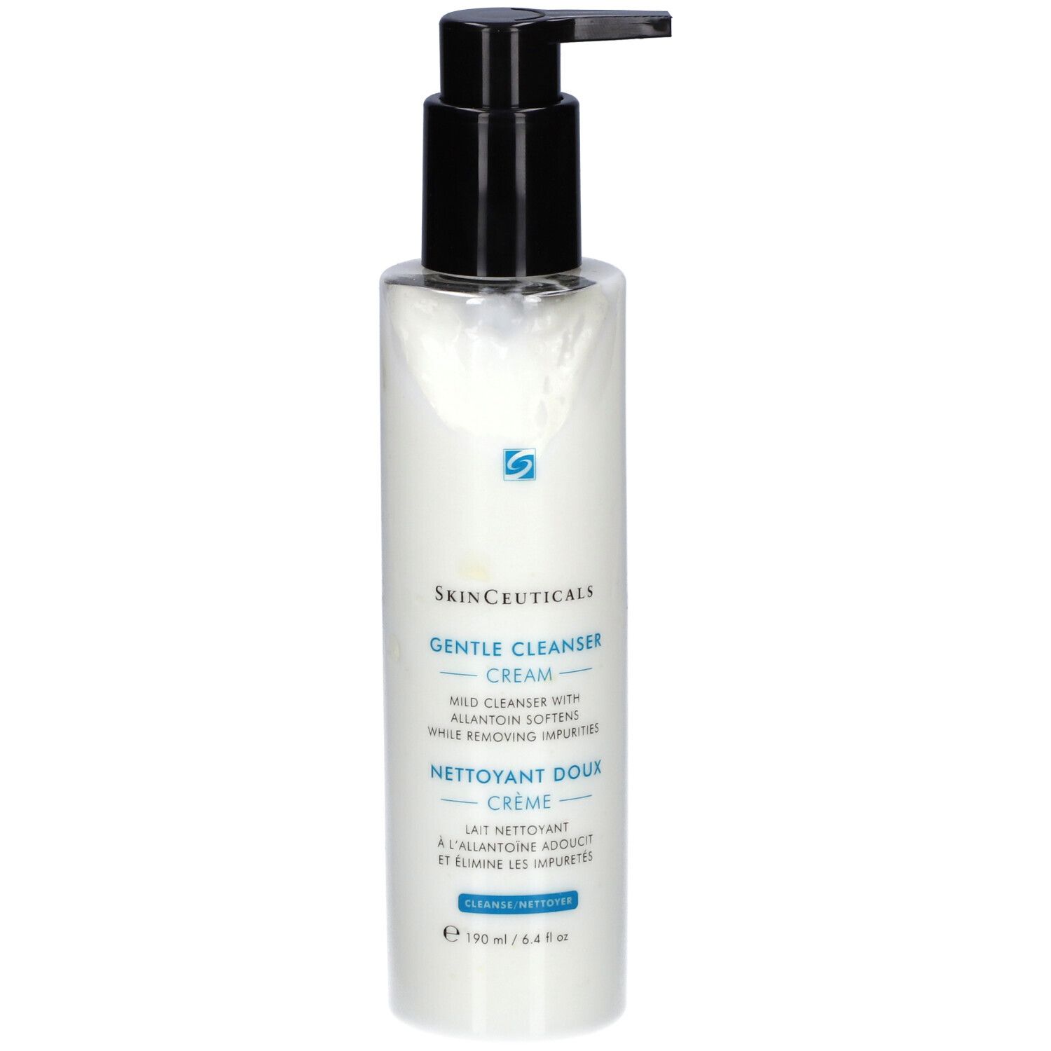 Huidreiniger crème met zwarte pomp. Tekst: SkinCeuticals, Gentle Cleanser, Nettoyant Doux. Inhoud: 190 ml.