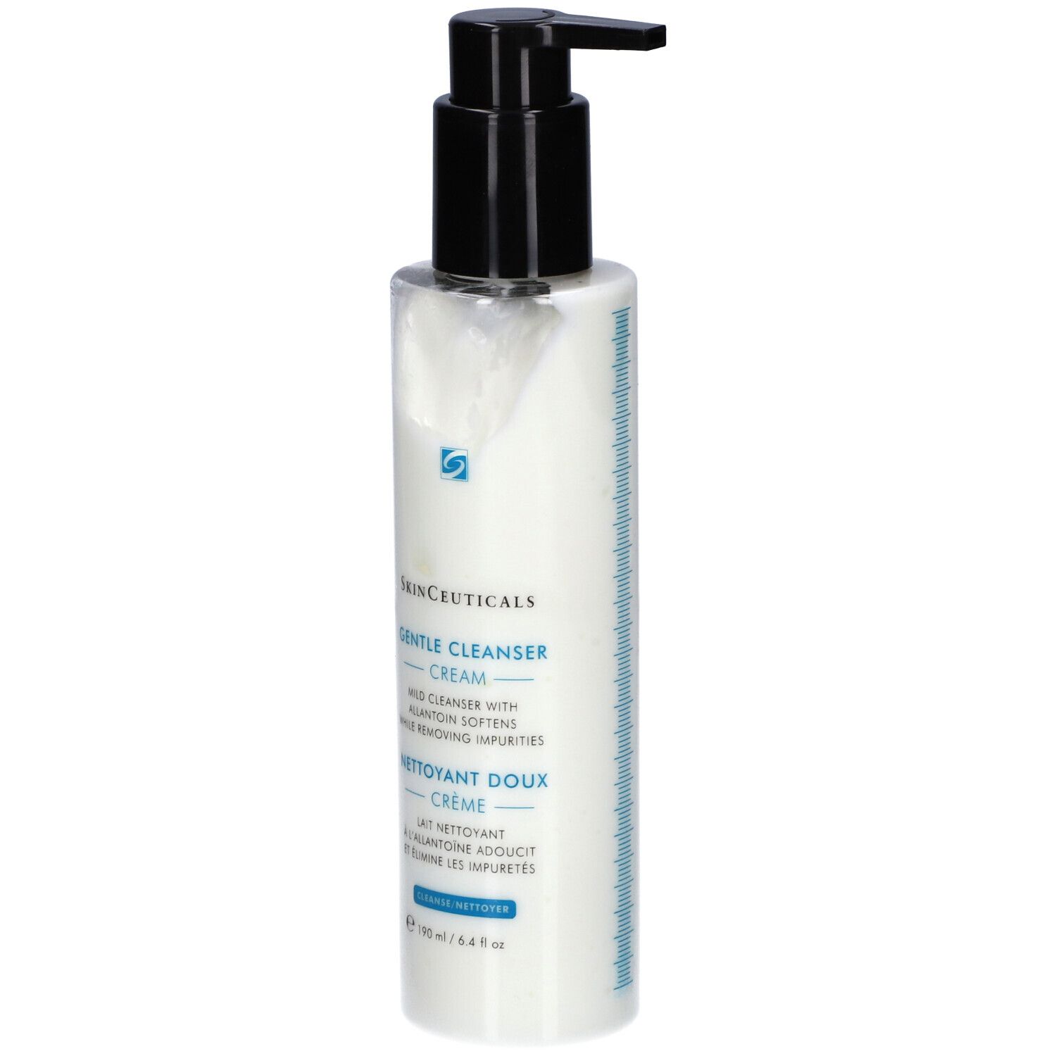 Huidreiniger crème met zwarte pomp. Tekst: SkinCeuticals, Gentle Cleanser, Nettoyant Doux. Inhoud: 190 ml.