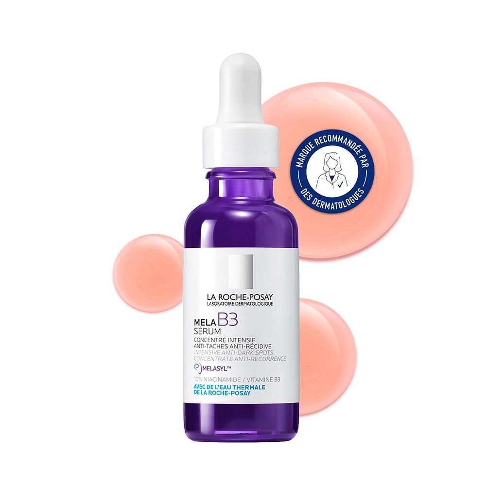 Flacon violet avec pipette. Inscription: MELA B3 Serum, La Roche-Posay. Cercles roses en arrière-plan.