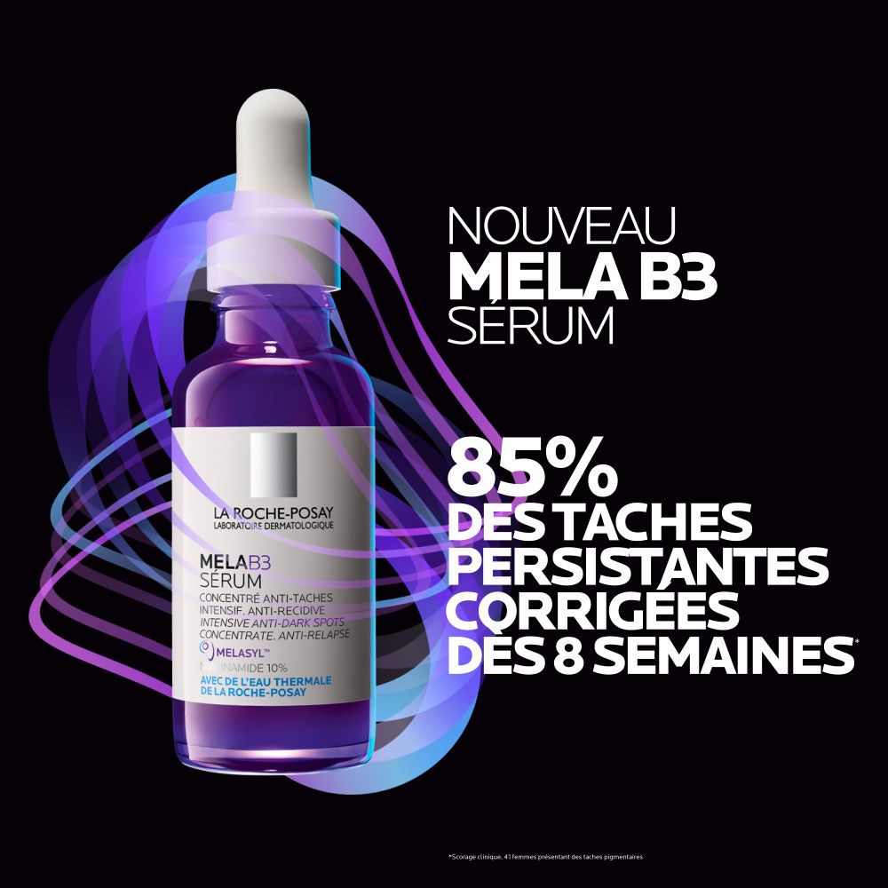 Flacon violet avec pipette. Texte: MELA B3 Serum. 85% des taches persistantes corrigées en 8 semaines.