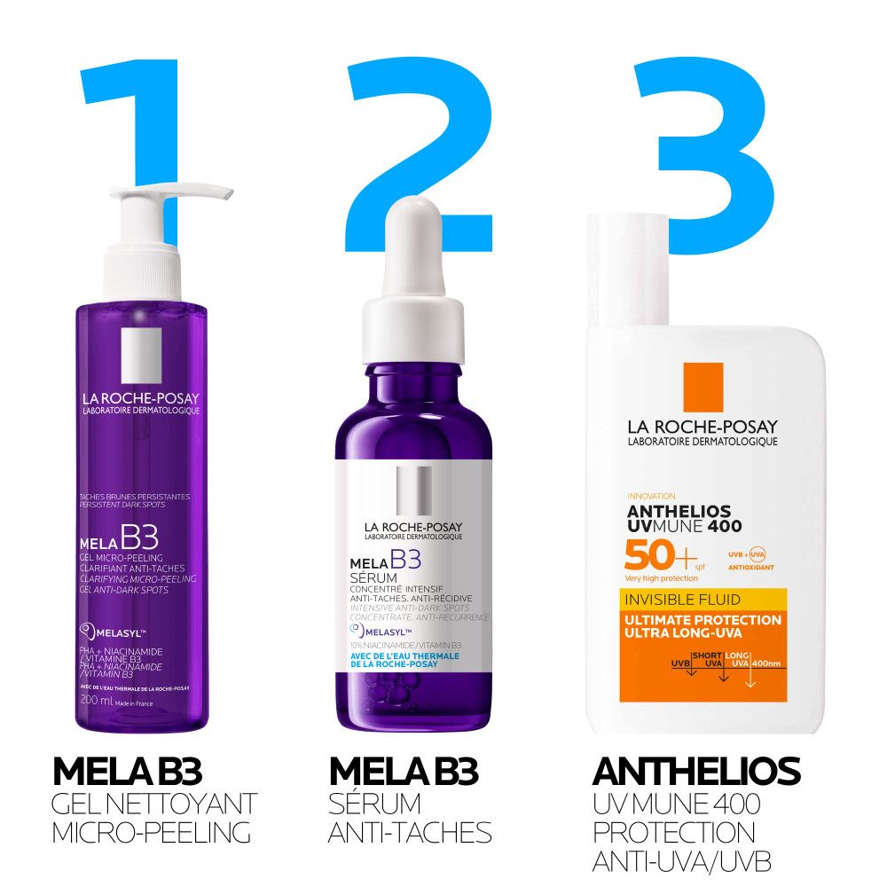 Trois produits: MELA B3 Gel, MELA B3 Serum, Anthelios UVmune 400. Tous avec le logo La Roche-Posay.