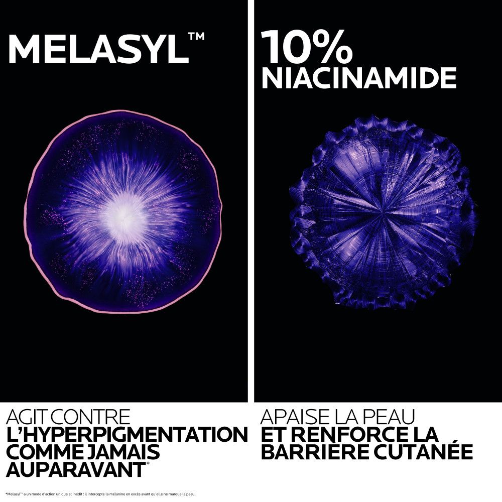 Deux images: Melasyl et 10% Niacinamide. Texte: Agit contre l'hyperpigmentation et renforce la barrière cutanée.