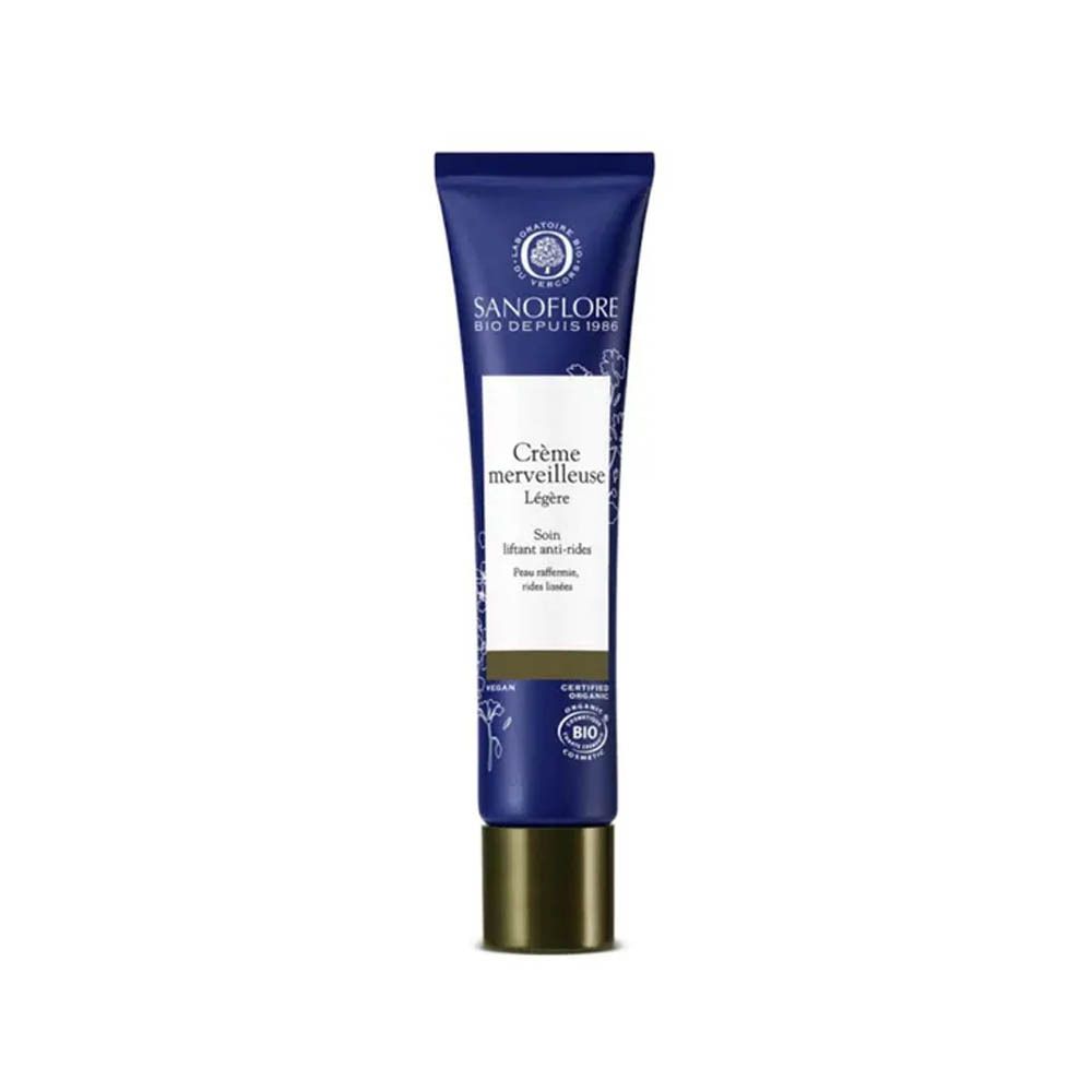 Tube bleu avec nom du produit et logo. "Crème Merveilleuse Légère" et "SANOFLORE BIO" sont visibles.