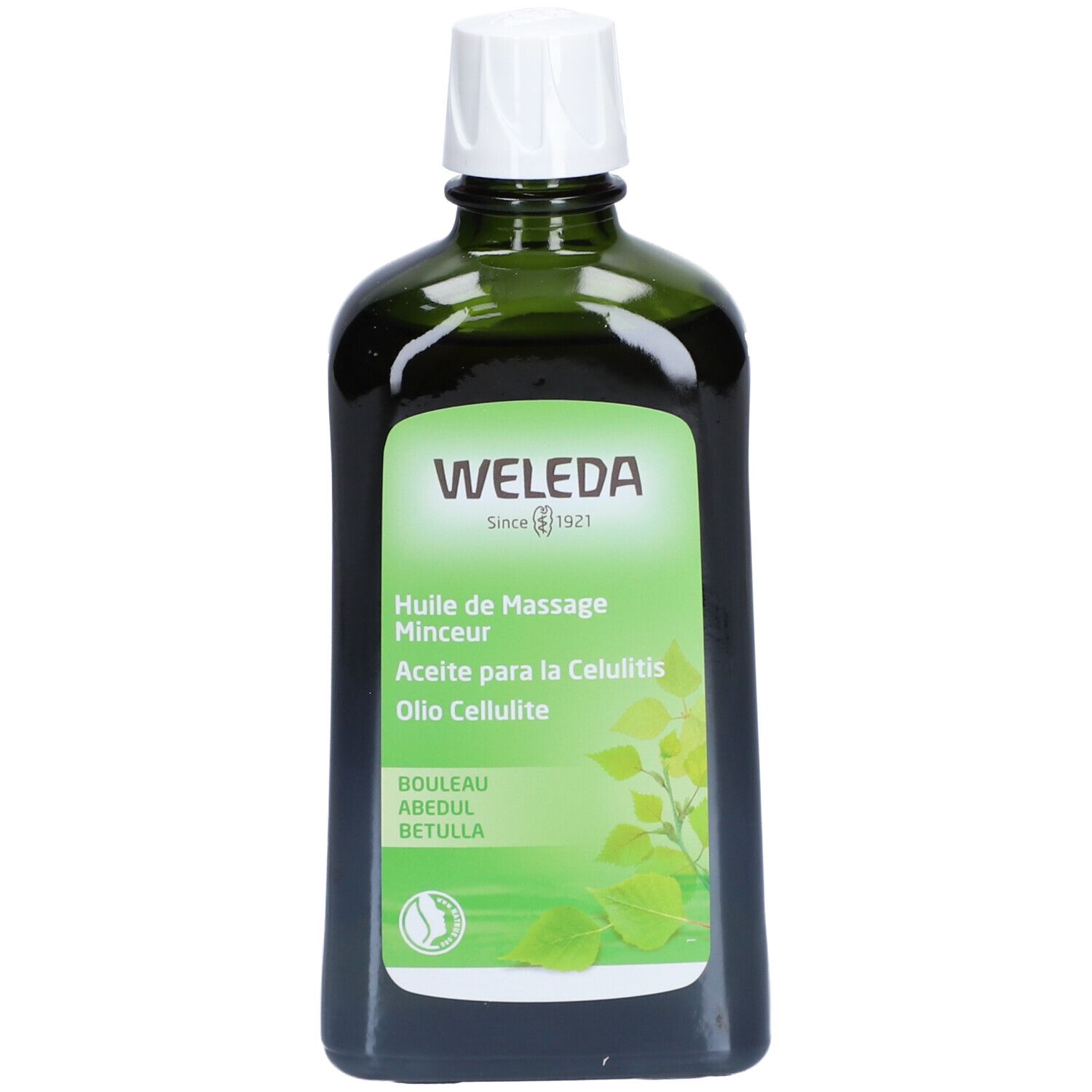 Grüne Glasflasche mit weißem Deckel. Etikett mit Produktnamen, Marke WELEDA und Inhaltsstoffen. Zertifizierungen.
