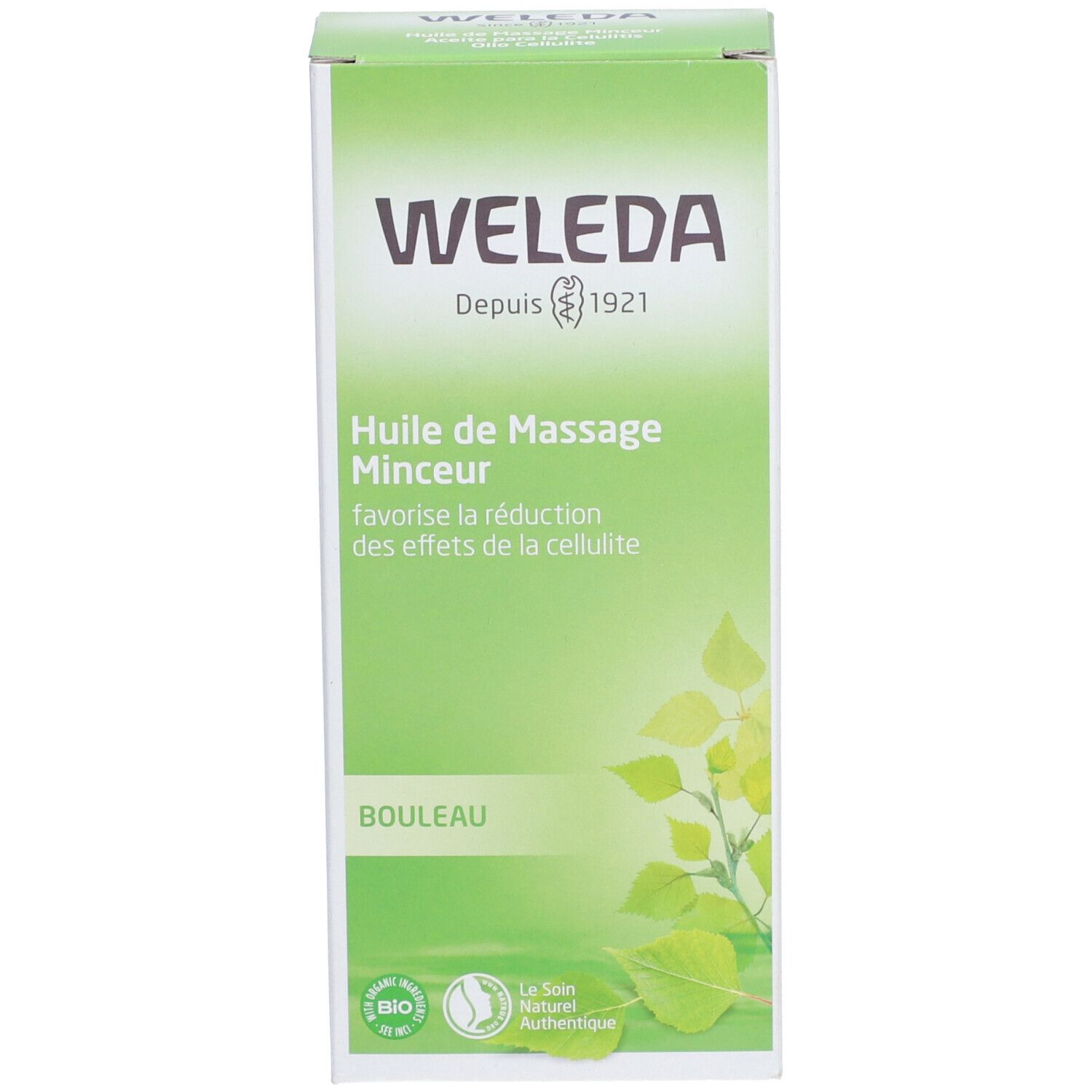 Grüne Produktverpackung. Produktname, Marke WELEDA und Zertifizierungen. Text in mehreren Sprachen.