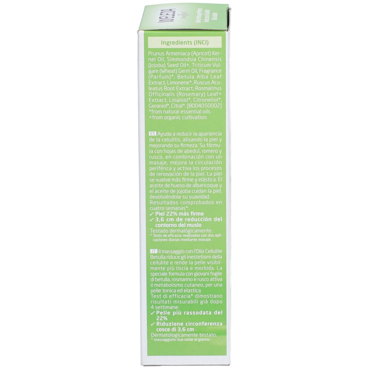 Produktverpackung. Auflistung der Inhaltsstoffe und Produktinformationen in mehreren Sprachen. Zertifizierungen.