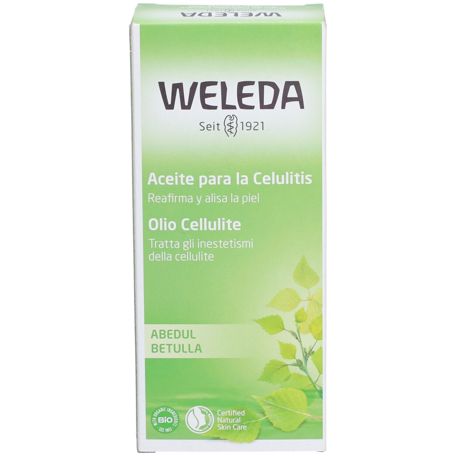 Produktverpackung. Produktname, Marke WELEDA und Zertifizierungen. Text in mehreren Sprachen.