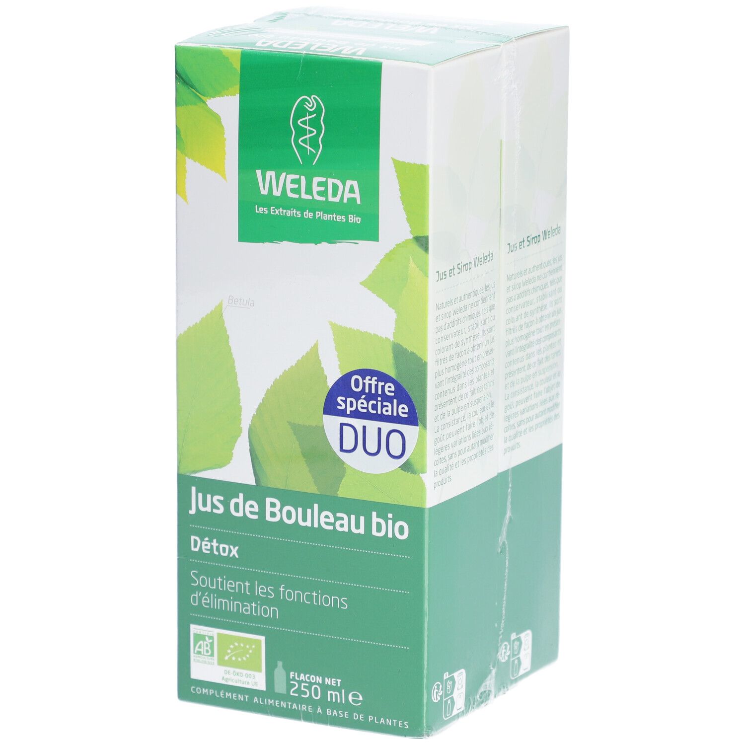 Boîte Weleda 'Jus de Bouleau bio'. Emballage vert et blanc avec feuilles et logo. Contient 250 ml.