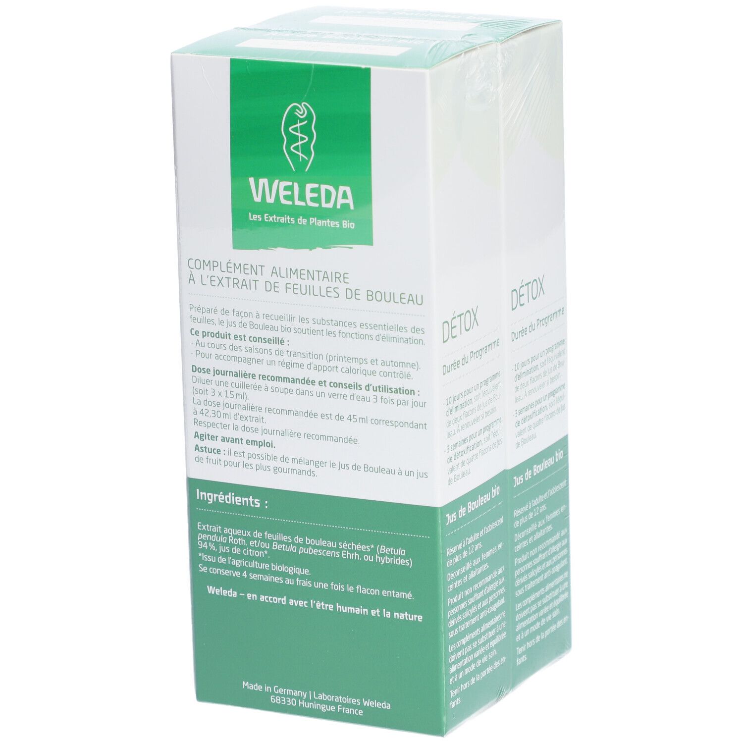 Boîte Weleda 'Jus de Bouleau bio'. Emballage vert et blanc avec texte et logo. Contient informations et ingrédients.