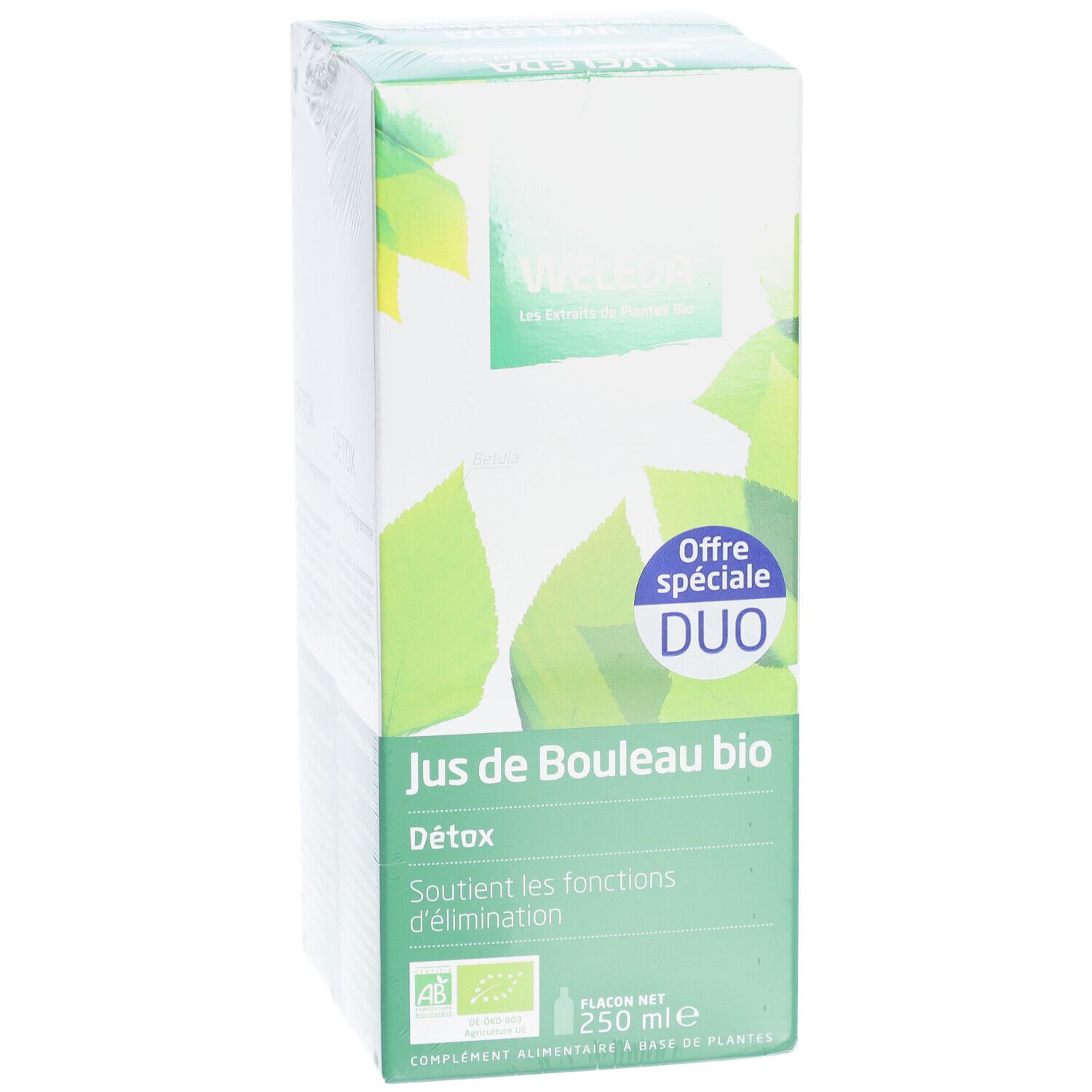 Boîte Weleda 'Jus de Bouleau bio'. Emballage vert et blanc avec logo et texte. 'Offre spéciale DUO' visible.