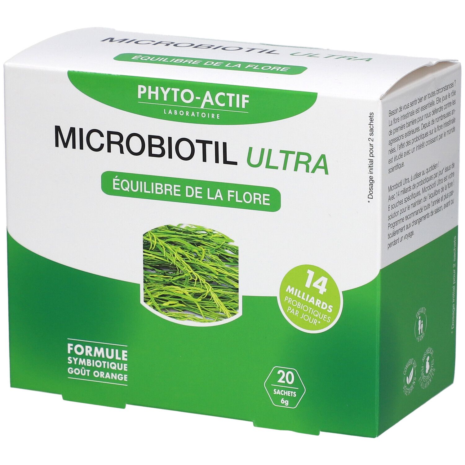 Boîte blanche et verte. Inscriptions: PHYTO-ACTIF, MICROBIOTIL ULTRA, ÉQUILIBRE DE LA FLORE. 20 sachets, 6g. 14 milliards de probiotiques.