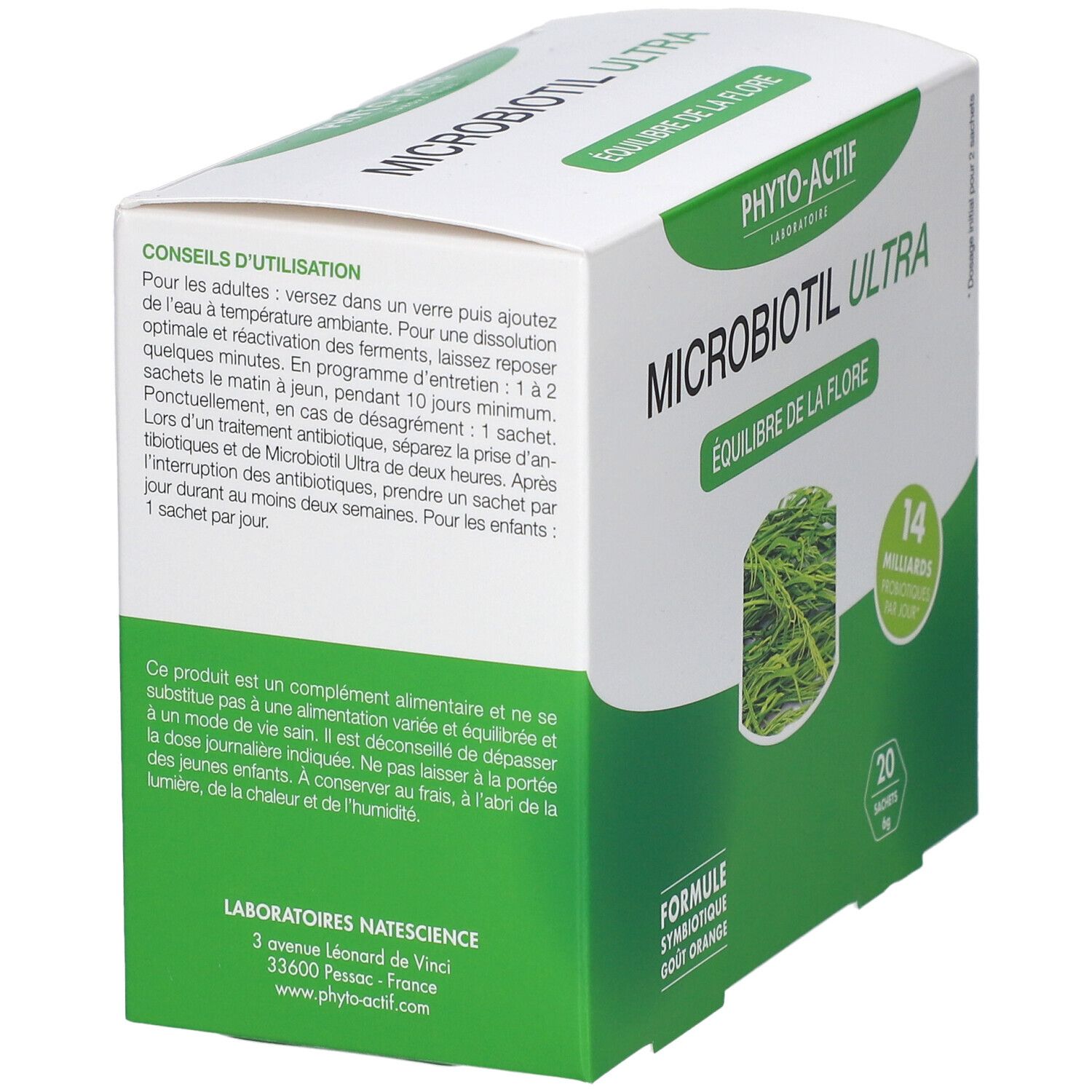 Boîte blanche et verte. Inscriptions: PHYTO-ACTIF, MICROBIOTIL ULTRA. Texte sur l'utilisation. 20 sachets. Logo: Laboratoires Natescience.