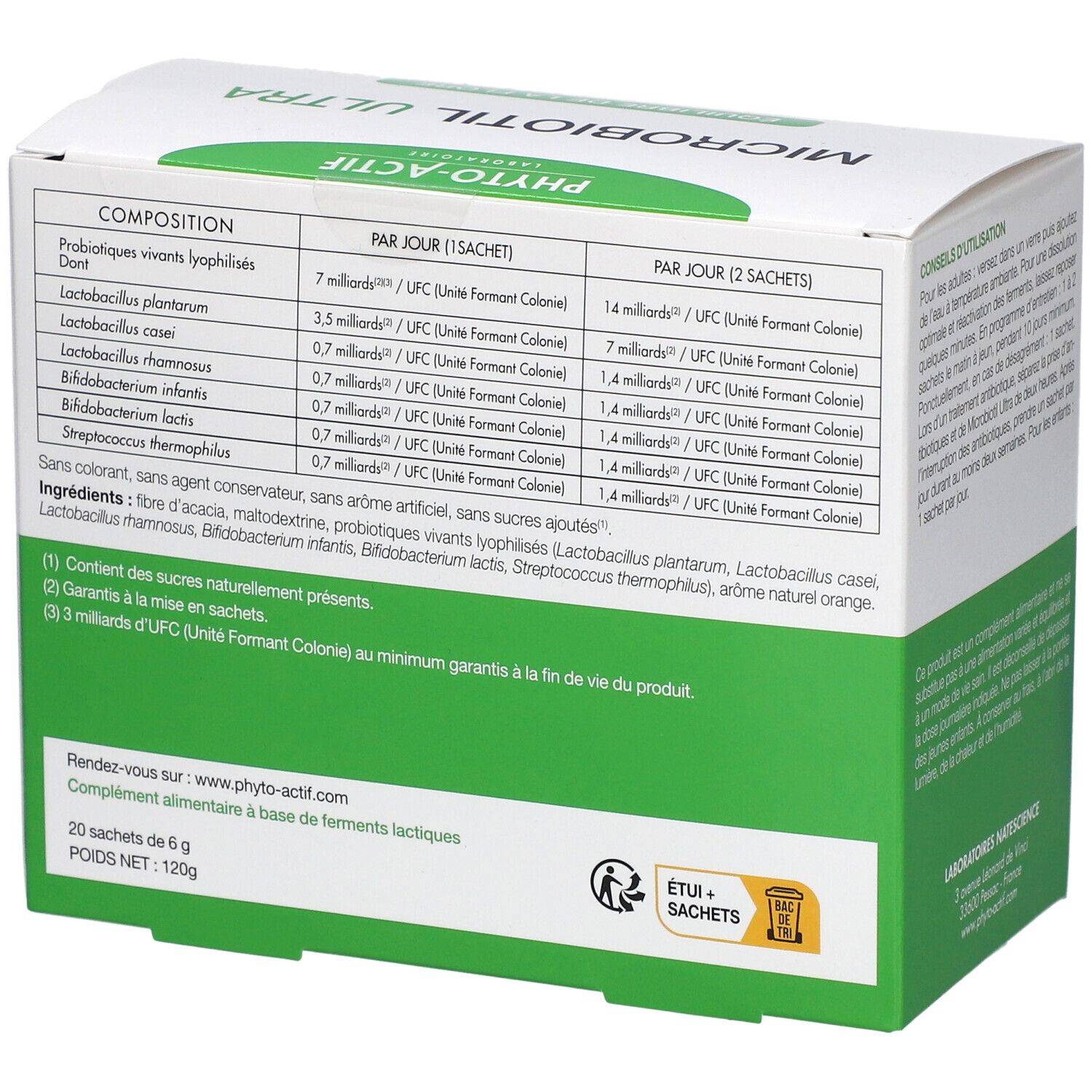 Dos de la boîte. Liste des ingrédients et valeurs nutritionnelles. 20 sachets, 6g. Logo: Étui + Sachets. Poids: 120g.