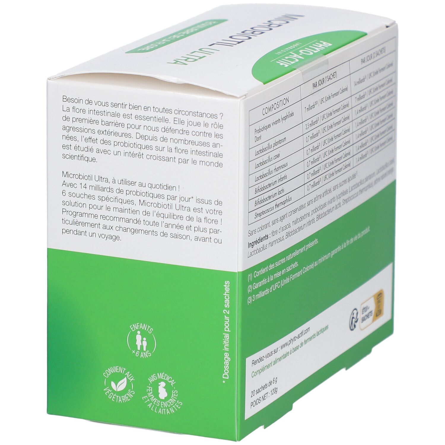 Dos de la boîte. Texte sur l'utilisation. 20 sachets, 6g. Logo: Étui + Sachets. Pour enfants à partir de 6 ans.