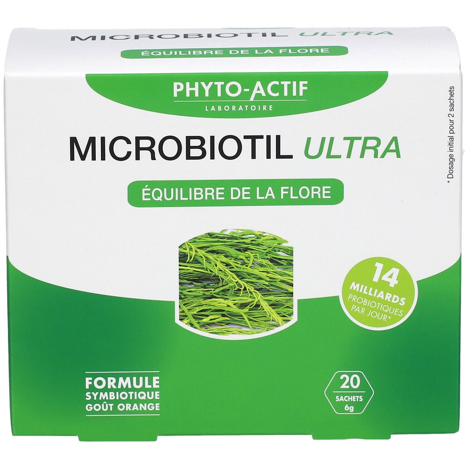 Boîte blanche et verte. Inscriptions: PHYTO-ACTIF, MICROBIOTIL ULTRA, ÉQUILIBRE DE LA FLORE. 20 sachets, 6g. 14 milliards de probiotiques.