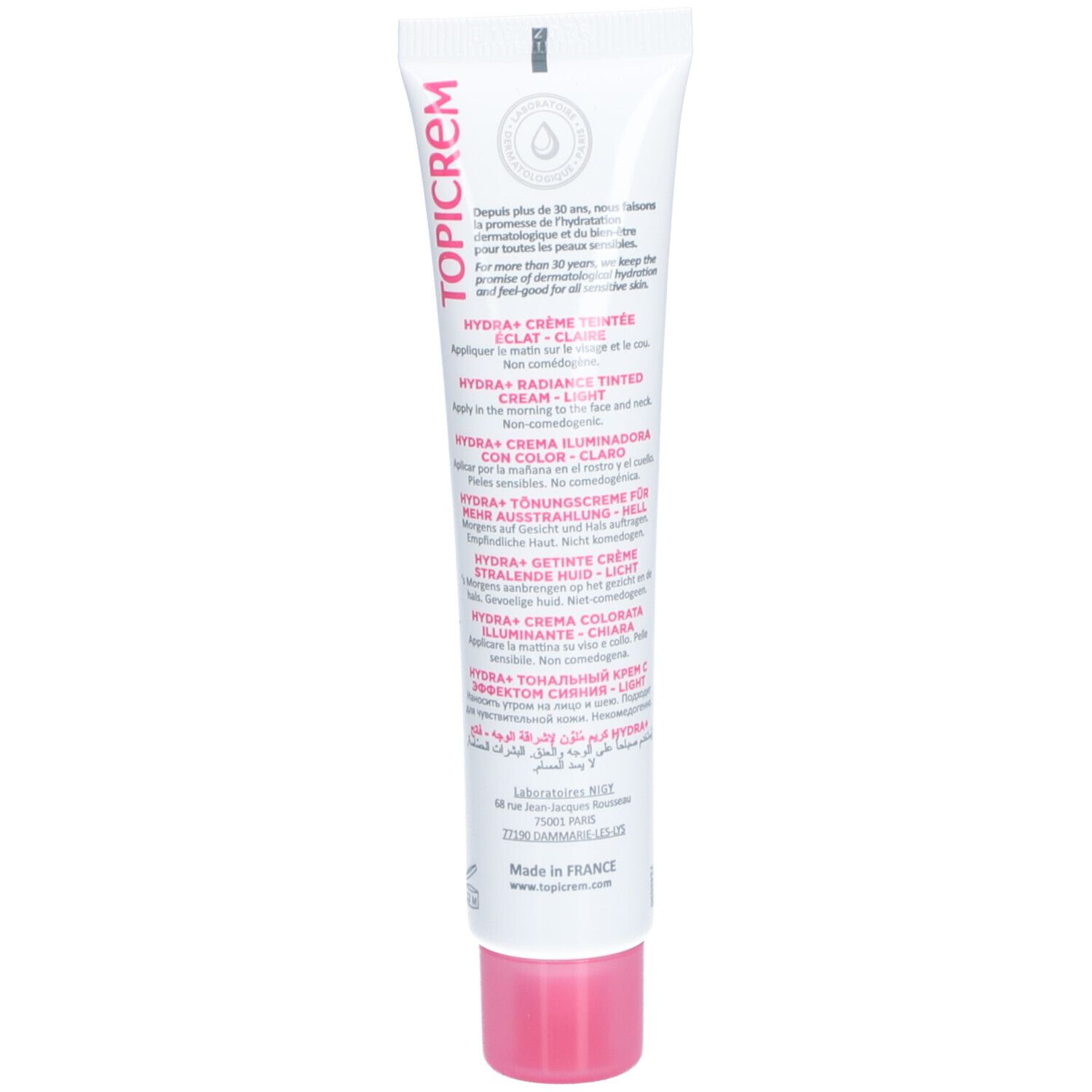 Dos du tube Topicrem HYDRA+ Crème Teintée Éclat Claire SPF50. Texte multilingue. Fabriqué en France.