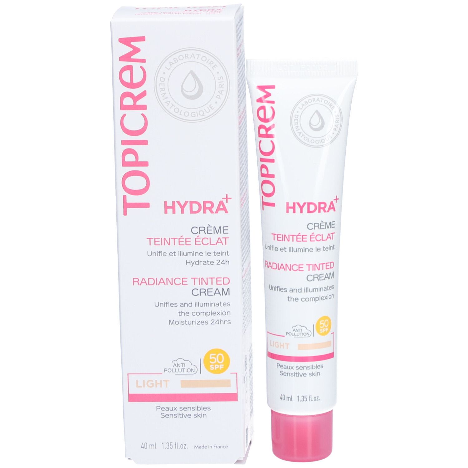 Tube et boîte Topicrem HYDRA+ Crème Teintée Éclat Claire SPF50. Boîte et tube blancs. Texte: Hydra+, Crème Teintée Éclat, SPF50, Light.