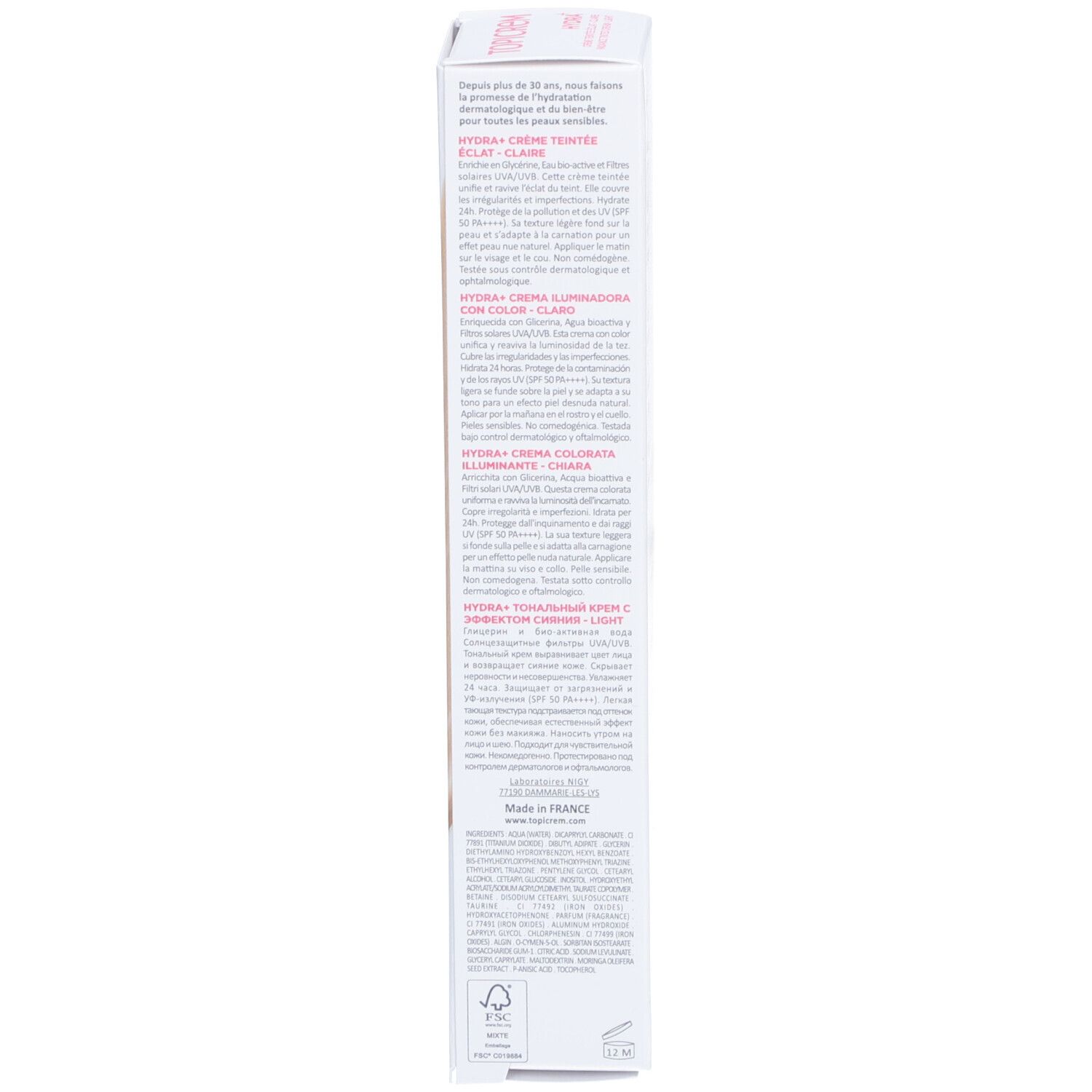 Dos de la boîte Topicrem HYDRA+ Crème Teintée Éclat Claire SPF50. Texte multilingue. Fabriqué en France.