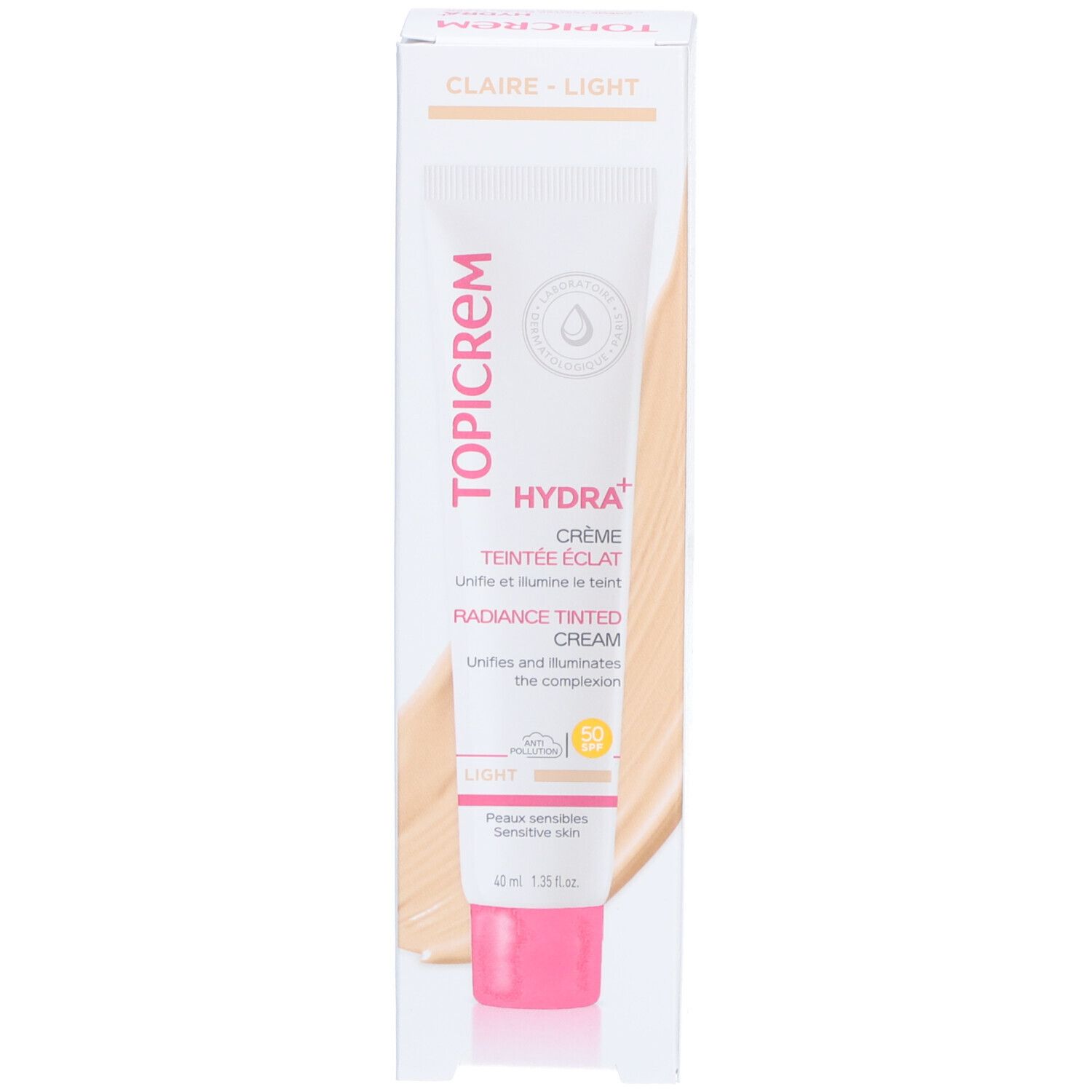 Tube et boîte Topicrem HYDRA+ Crème Teintée Éclat Claire SPF50. Produit sur fond clair. Texte: Hydra+, SPF50, Light.