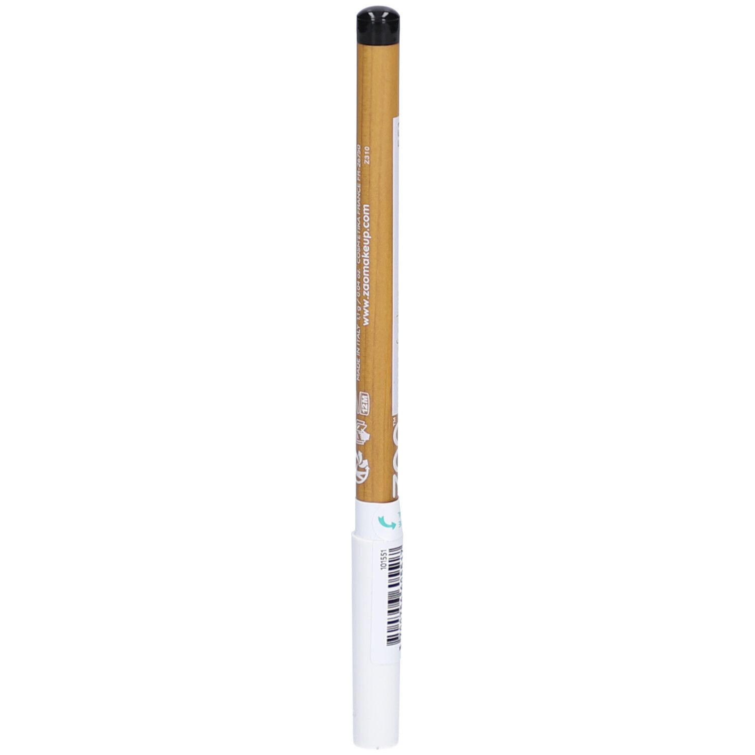 Einzelner Bleistift mit schwarzer Spitze und weißem Ende. Goldfarbener Stift mit weißem Streifen und Text. Marke ZAO und Website-Adresse sichtbar.