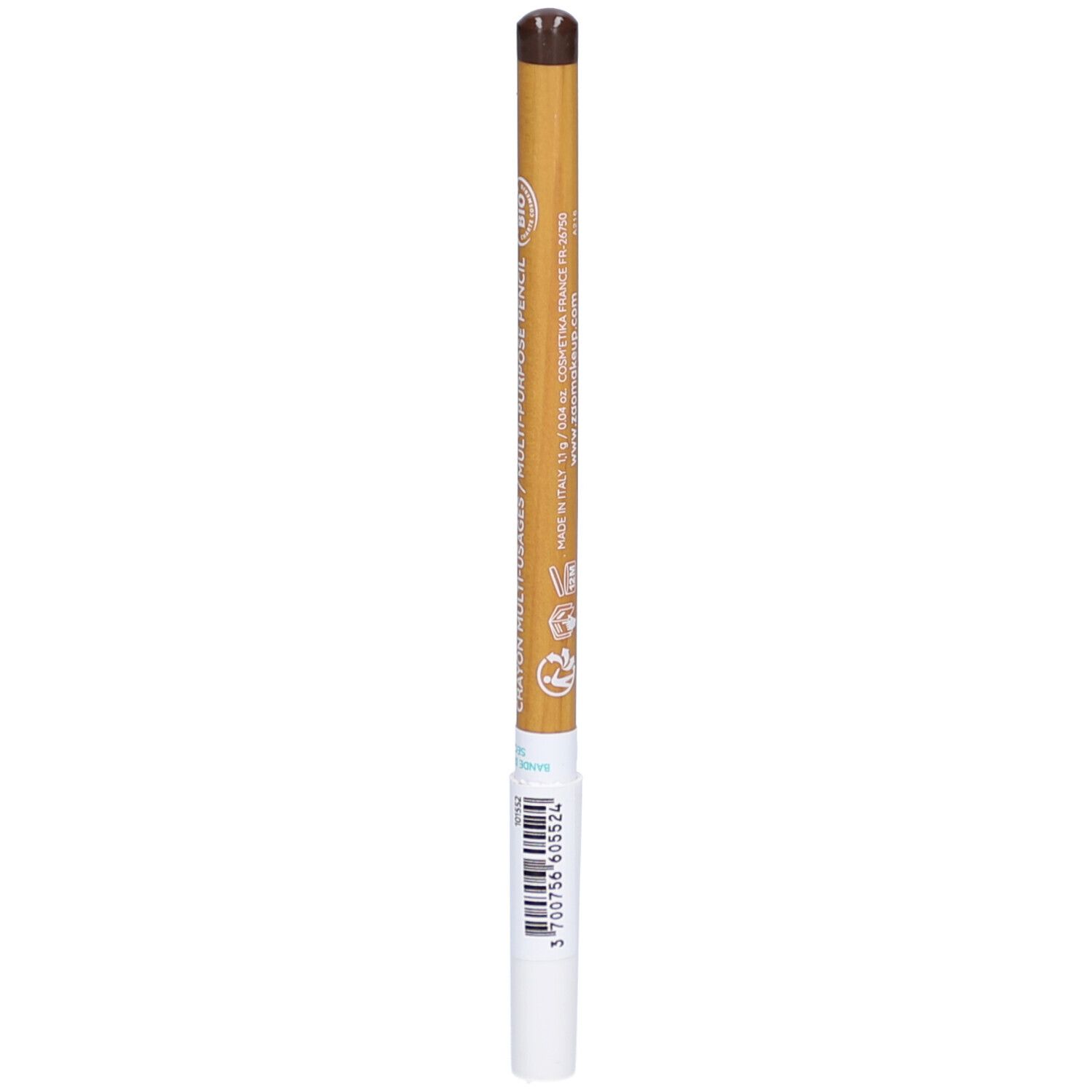 Brauner ZAO Make-up-Stift. Holzschaft mit weißem Ende. Aufschrift: Made in Italy, Barcode.