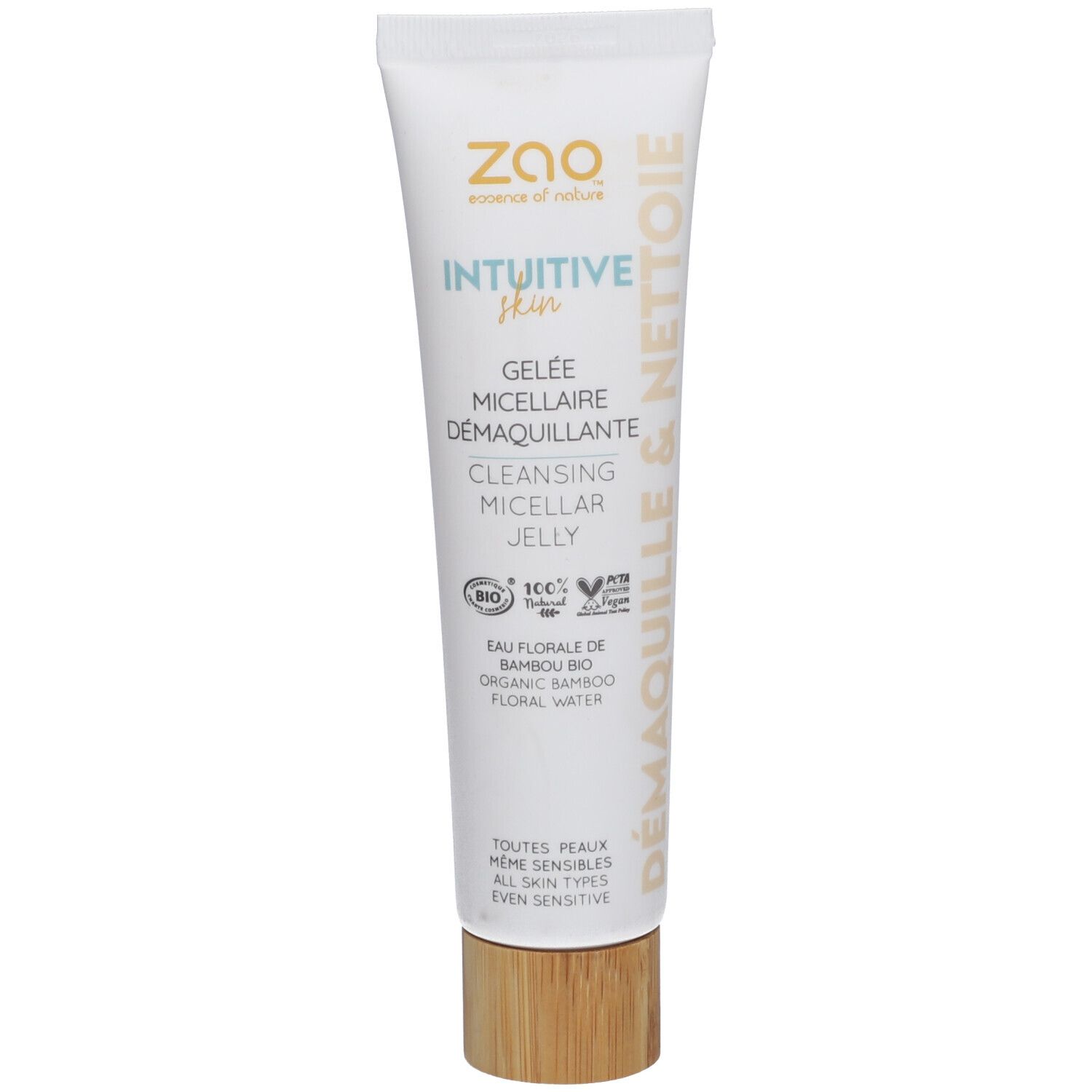 Witte tube met bruine dop. Tekst: ZAO, Intuitive Skin, Gelée Micellaire Démaquillante, Cleansing Micellar Jelly. Bio-certificering.