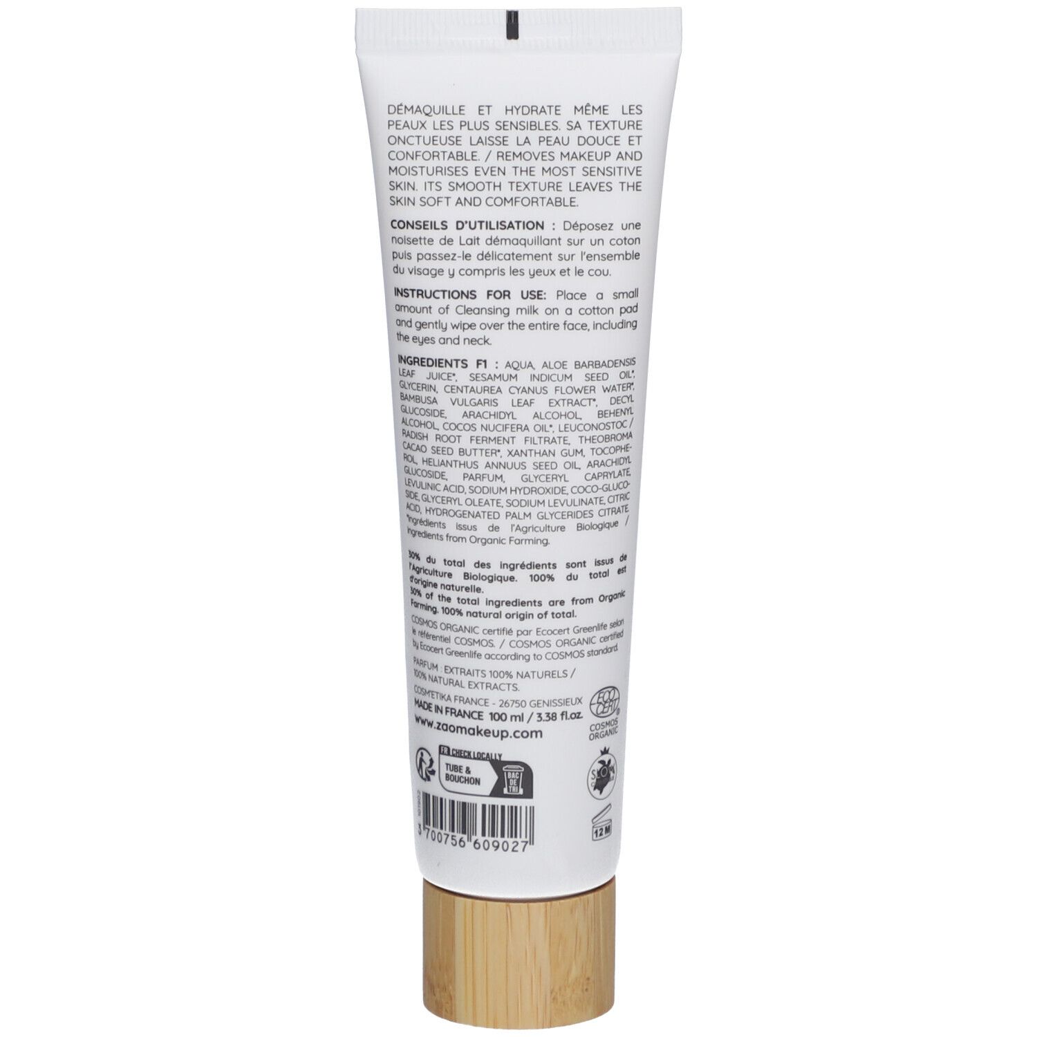 Achterkant van een witte tube. Tekst en ingrediënten. Houtkleurige dop. Tekst: Conseils d'utilisation, Instructions for use, 100% naturels.