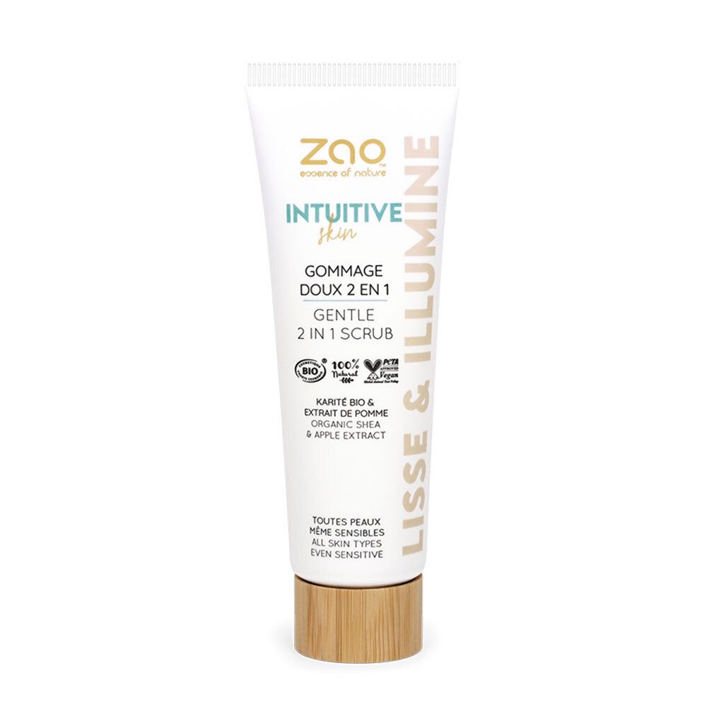 Witte tube met productnaam en tekst. Opschrift: Gommage Doux 2 en 1. Houtkleurige dop. Bio-certificering.