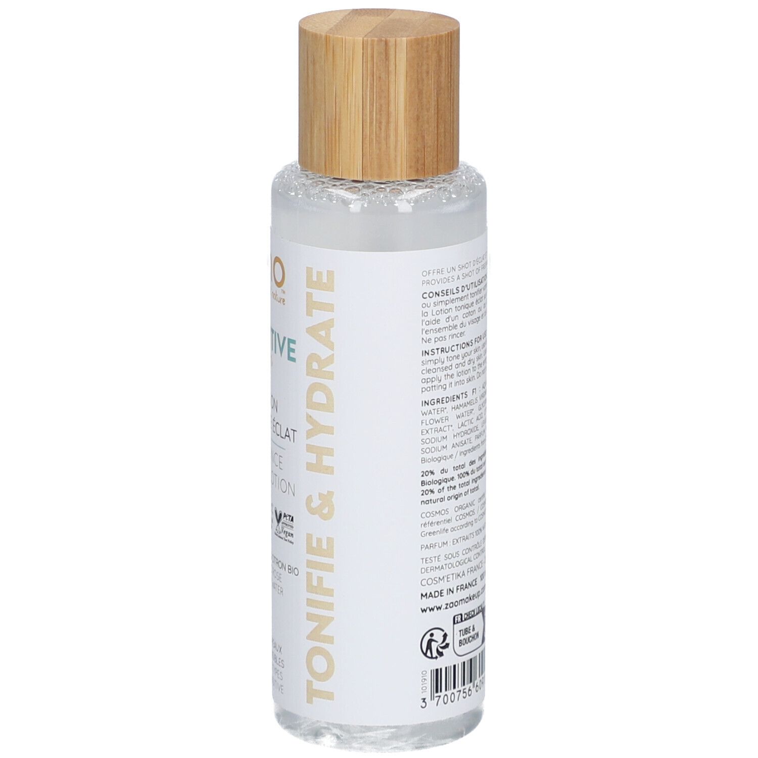 Transparante fles met houten dop. Achterkant met ingrediënten en gebruiksaanwijzing. Bio-certificering.
